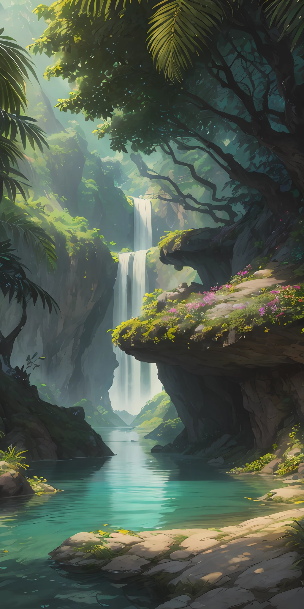 Chinese ancient times, spring, jungle, lake, cave, waterfall, tree, meadow, rock, deer, hot spring, water vapor, (illustration: 1.0), epic composition, realistic lighting, HD details, masterpiece, best quality, (very detailed CG unified 8k wallpaper)