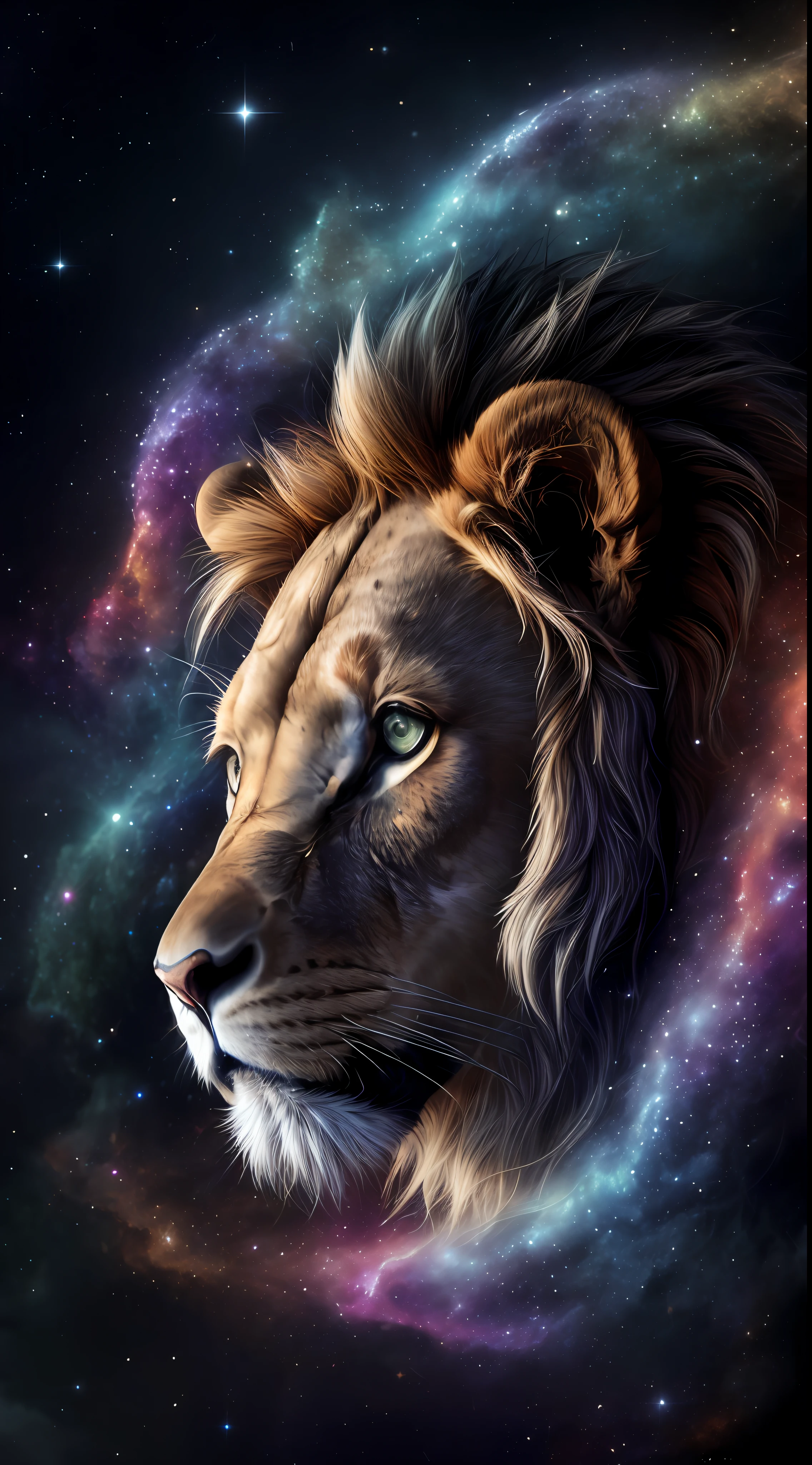 Galaxies, spirals, space, nebulae, stars, smoke, iridescent, intricate detail, in the shape of a lion, octane render, 8k