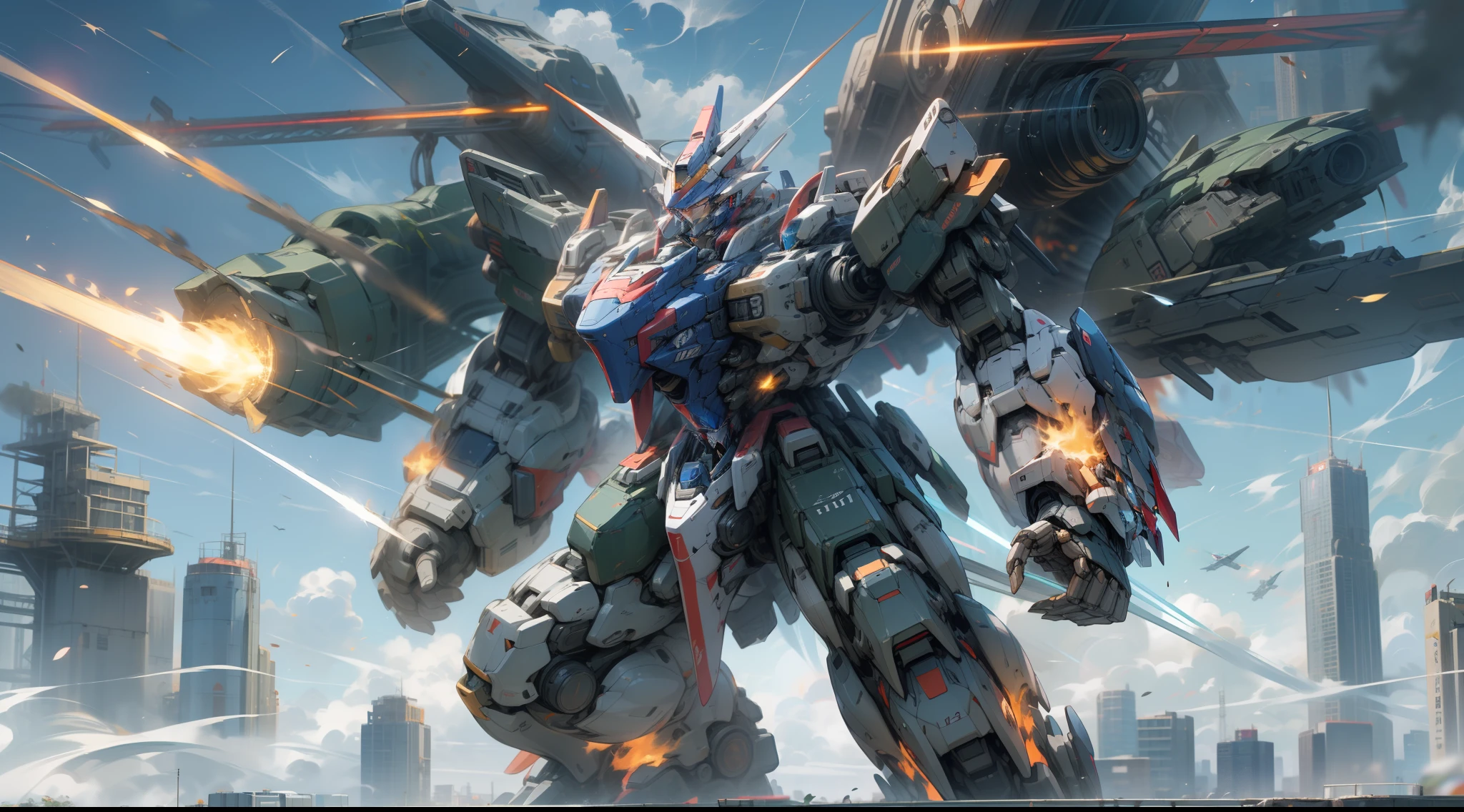 Surrealism, Ray Tracing, Photorealistic, UHD, High Detail, 32k, Best Quality, Textured Skin, Gundam Mecha, Flight, Funnel, Mecha Ship, Masterpiece, Best Quality, Mecha, Unmanned, (Full Body), (Black Mecha: 1.8), (Axisymmetric: 1.4), (HDR), (Movie Light: 1.1), White Eyes, Cool, Science Fiction, Fire, Universe, oversized shield, mecha man overlooking the background of the earth, with laser cannon beams, wars, conflicts, weapons in hand (has a huge weapon: 1.5),