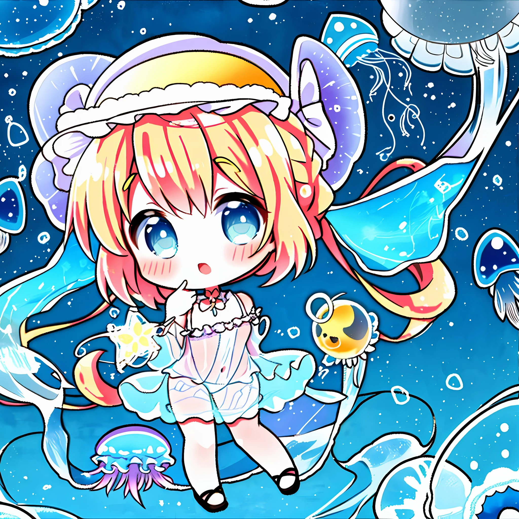 Chibi, Two-headed, Full body, jellyfish hat, see-through jellyfish, nipple seal and jellyfish fusion, background is sea, background is simple, watercolor touch, smeared, colorful, active pose, pigtails, female brat, thick eyebrows, beautiful blonde, braid, (masterpiece), ((highest quality)), girl, solo, (beautiful eyes)), beautiful detailed eyes, five fingers, textile shading,