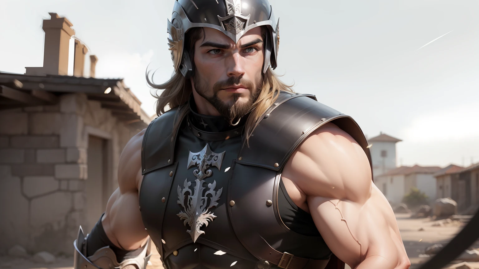 1 homem, Grego, guerreiro, cabelo claro, alto, forte, rosto bonito, rosto masculino, Rustic, corpo musculoso, Corinthian helmet, armadura grega completa, velha, Gastos com armaduras, armadura preta, detalhes em cobre, Aquiles, Troy, semi-deus, serío, Espada longa, escudo, olhar fixo para o horizonte, realista, super realista, super detalhado, Sombras, contraste, global ilumination, fundo branco