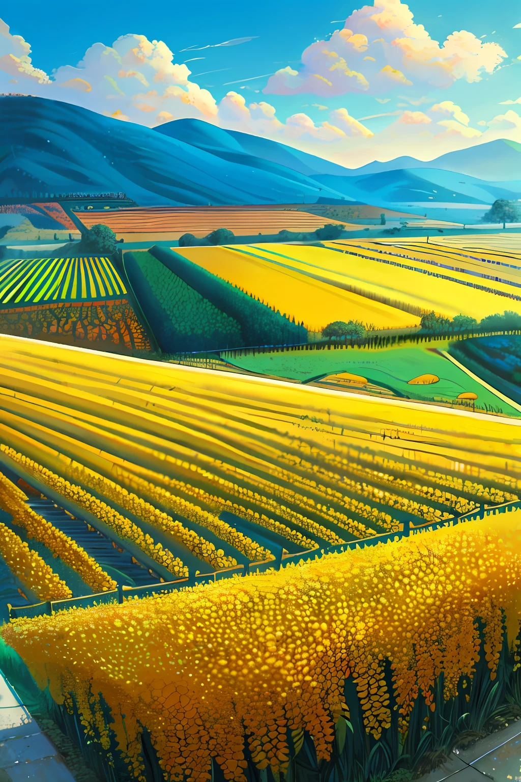with blue sky and white clouds,Golden yellow rice in autumn,Magnificent oil painting,Great view of the farmland。