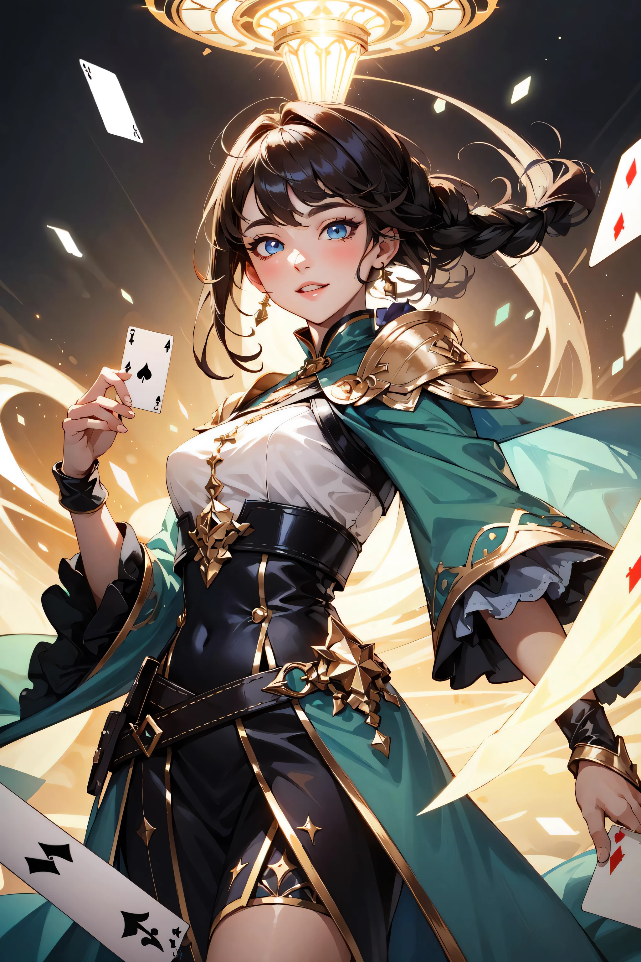(masterpiece), (best quality:1.4), absurdres, [:intricate details:0.2], hyperrealistic, kkw-ph1, 1 girl, adult (elven:0.7) woman, light blue eyes, auburn waterfall braid, solo, half shot, detailed background, detailed face, wide smile, (glowing eyes:1.1), (card-wizard:1.05), swindler, brown magician outfit, dynamic pose, (cards floating in the air:1.15), glowing magical symbols, (style-swirlmagic:0.8) swirling brown magic in background, updraft, ethereal atmosphere,