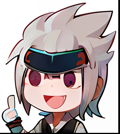 A happy guy with a knife and a blue-faced cartoon, fubuki, nagito komaeda, kakashi hatake, With a happy expression, Happy emoji, Otaku Gangasta, He looked very happy, Laugh, Kakashi, Q Moe's blue eyes, tchibi, he has dark grey hairs, very happily