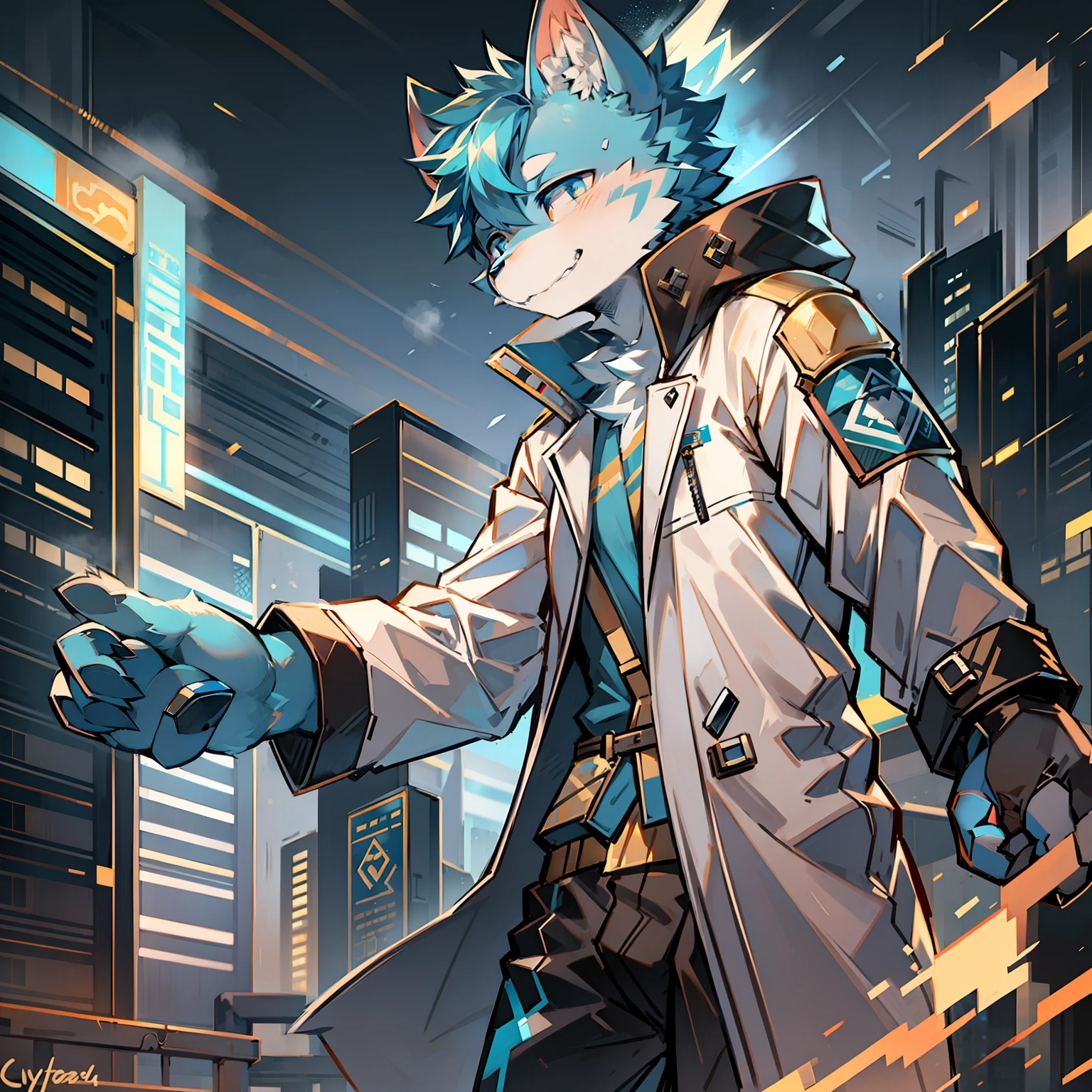 Cybermetropolis,Thunder,drifting snow,Male blue cat,Electronic left eye,Chinese trench coat