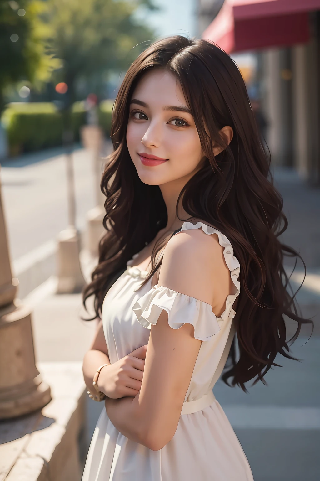 (highres, best quality:1.2), radiance, soft contours, upper body, detailed background,
(8k, RAW photo, best quality, masterpiece:1.2), ultra-detailed, (high detailed skin:1.2), 8k uhd, dslr, soft lighting, high quality, film grain, Fujifilm XT3, professional lighting, photon mapping, radiosity, physically-based rendering
photo of 18 y.o woman, detailed face and body, award-winning photography, detailed face, looking at viewer, cinematic lighting, RAW photo, 8k uhd, film grain, 1girl, Greek girl, curly long brown hair, brown eyes, (charming smile), beautiful face, silk white dress, cowboy shot, outside