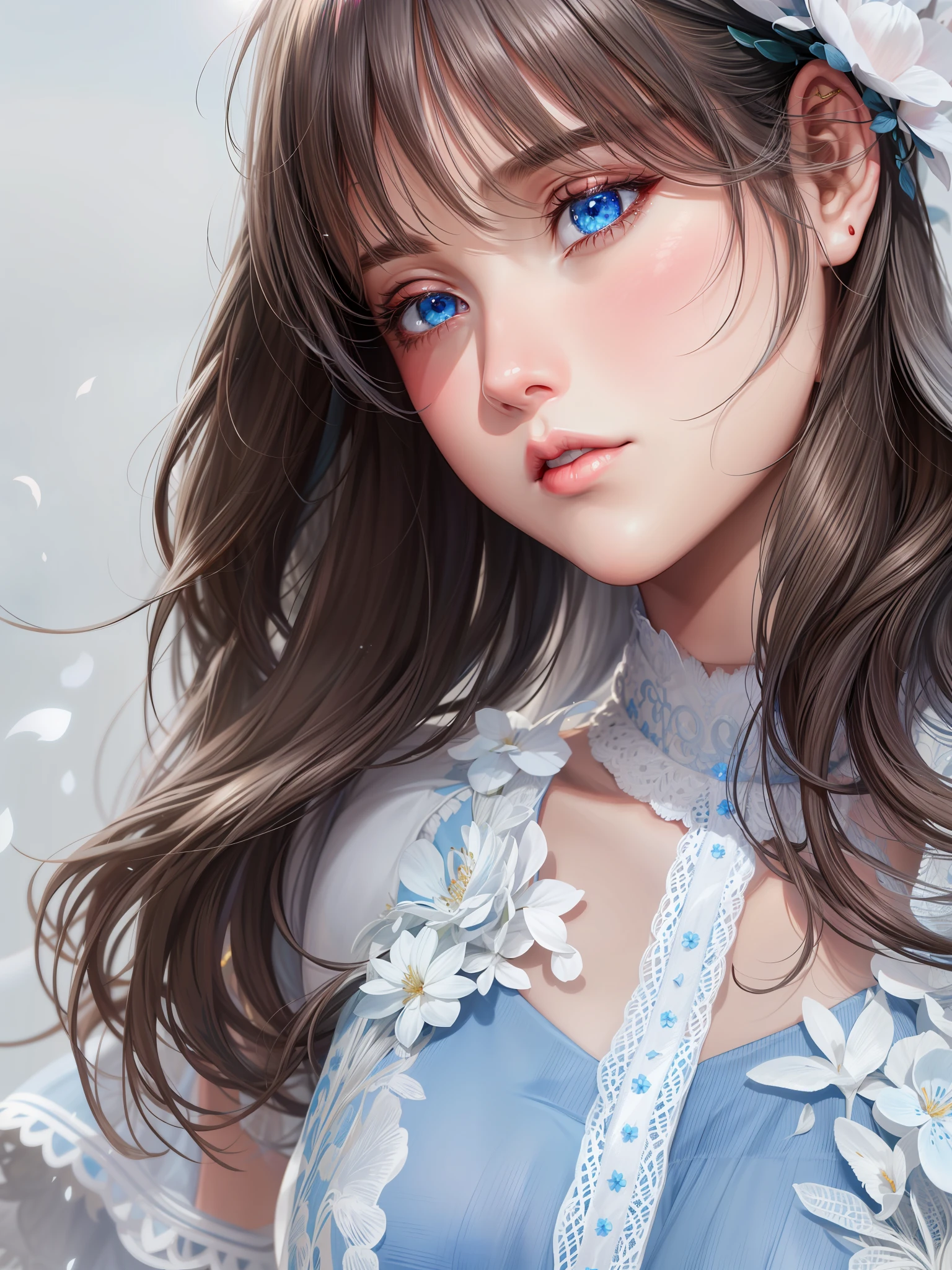 realistic, 1girl, white hair, blue eyes, glowing eyes, cut top, skirt, parted lips, blush, night, flowers, sun, sunlight,