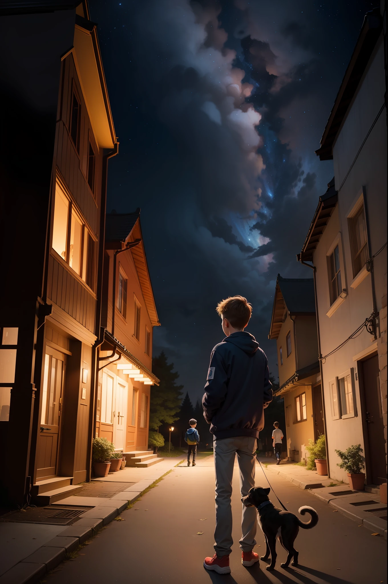 A cartoon-style painting，In the center of the picture is the back of a boy，He stood under a tall maple tree，Behind you is a colorful night sky and a complex of buildings in Moscow。The boy holds a puppy in his hand，The puppy ran happily beside him，Seems to be playing with him。