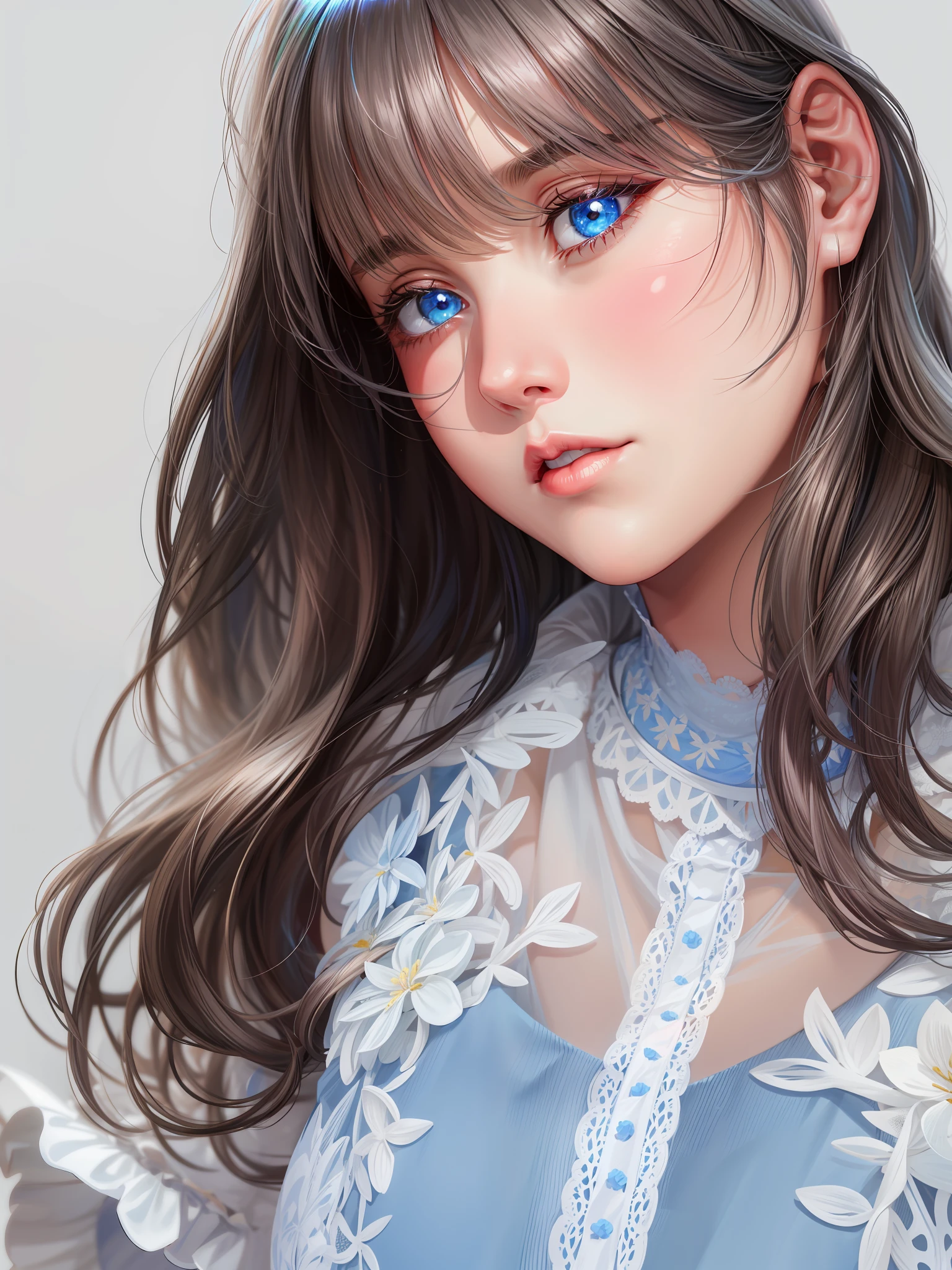 realistic, 1girl, white hair, blue eyes, glowing eyes, cut top, skirt, parted lips, blush, night, flowers, sun, sunlight,