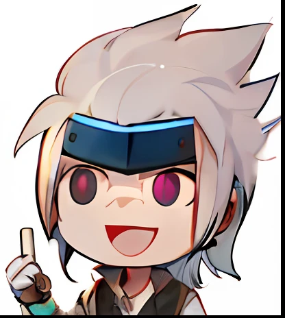 A happy guy with a knife and a blue-faced cartoon, fubuki, nagito komaeda, kakashi hatake, With a happy expression, Happy emoji, Otaku Gangasta, He looked very happy, Laugh, Kakashi, Q Moe's blue eyes, tchibi, he has dark grey hairs, very happily