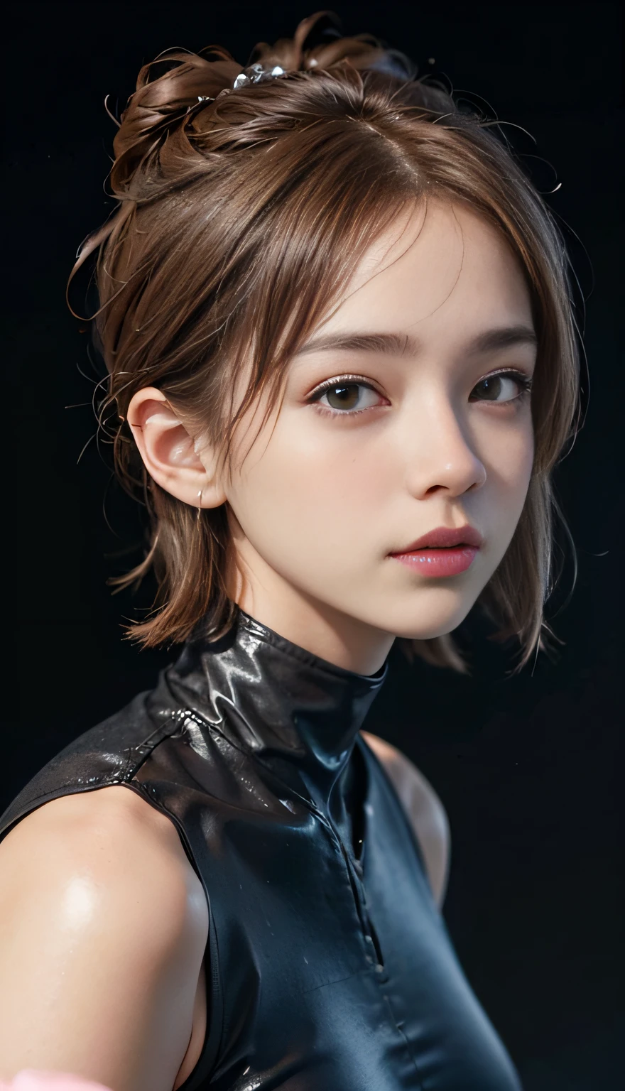 (RAW photo, best quality), (realistic, photo-realistic:1.3), best quality ,masterpiece, an extremely delicate and beautiful, extremely detailed ,CG ,unity ,2k wallpaper, Amazing, finely detail, masterpiece, light smile, best quality, extremely detailed CG unity 8k wallpaper, huge filesize , ultra-detailed, highres, extremely detailed, 1girl, slim body, small breasts, (black leotard top:0.7), (pink skirt:1.2), (bun hair), (brown hair), looking at looking at viewer, sharp focus, face close-up, nsfw,,,, pureerosface_v1:0.8 short hair,