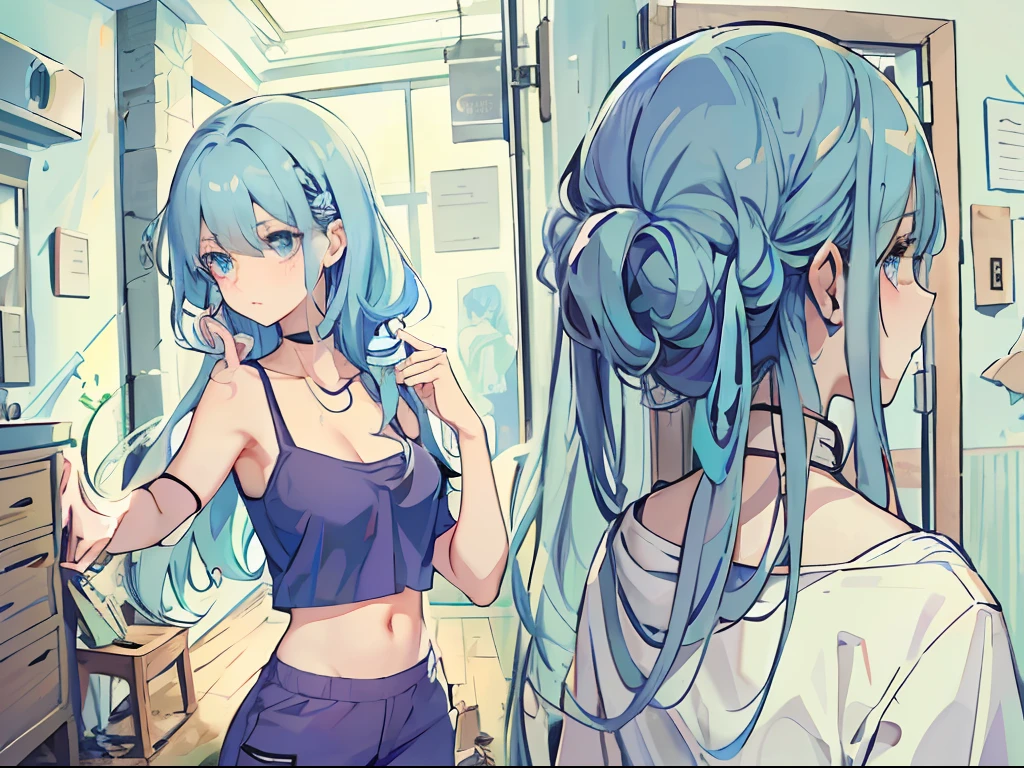 A weak girl(blue hair,long whitr hair,Wear a blue T-shirt,smallunderboob,blue color eyes)In a dilapidated psychiatric hospital