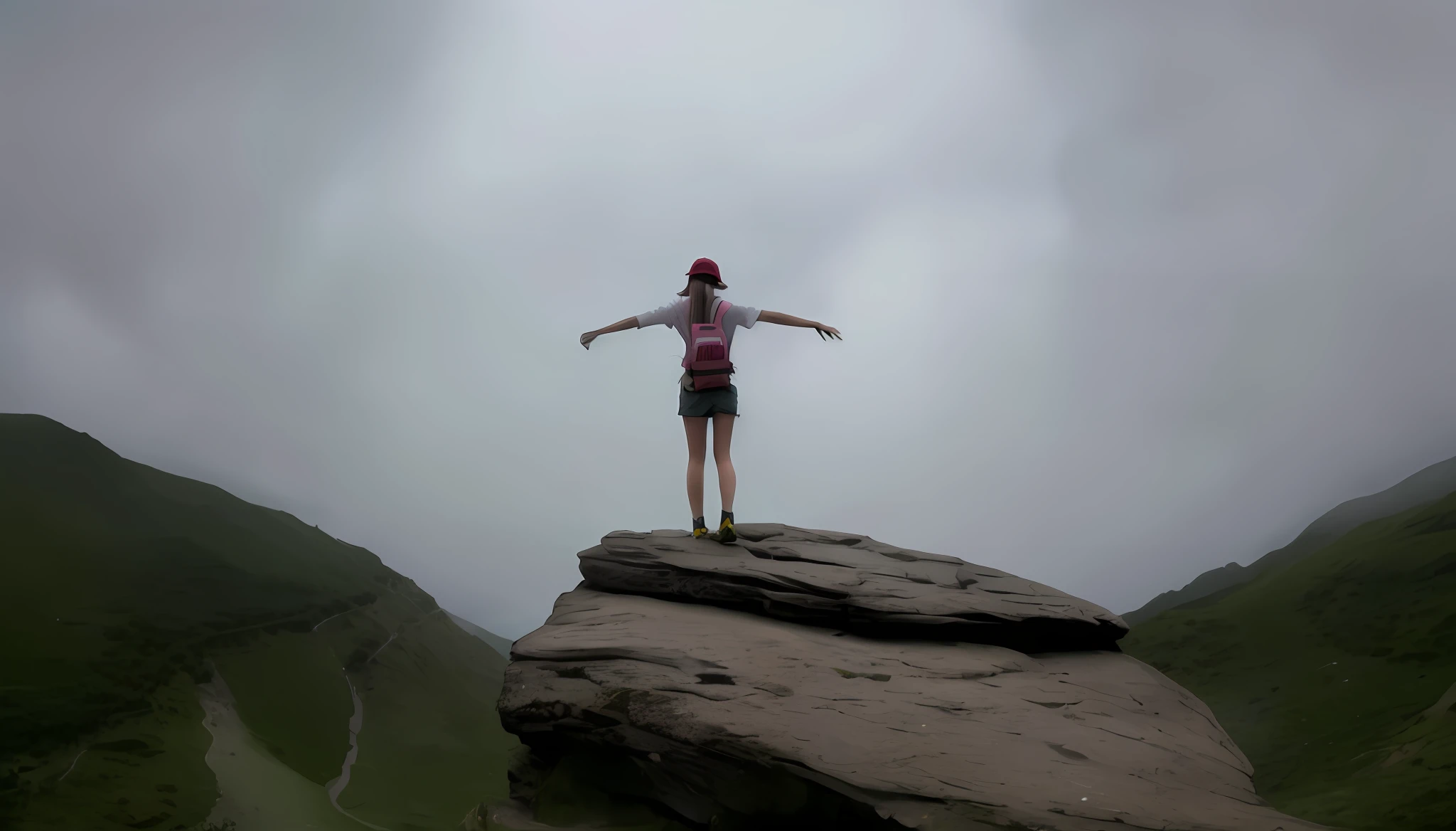 There was a woman standing on a rock，arms out, girl standing on mountain, Girl standing on a cliff, standing on top of a mountain, girl dancing on cliff, standing atop a mountain peak, standing on a hill, At the top of a mountain, At the summit, on top of mountain, girl walking on mountain