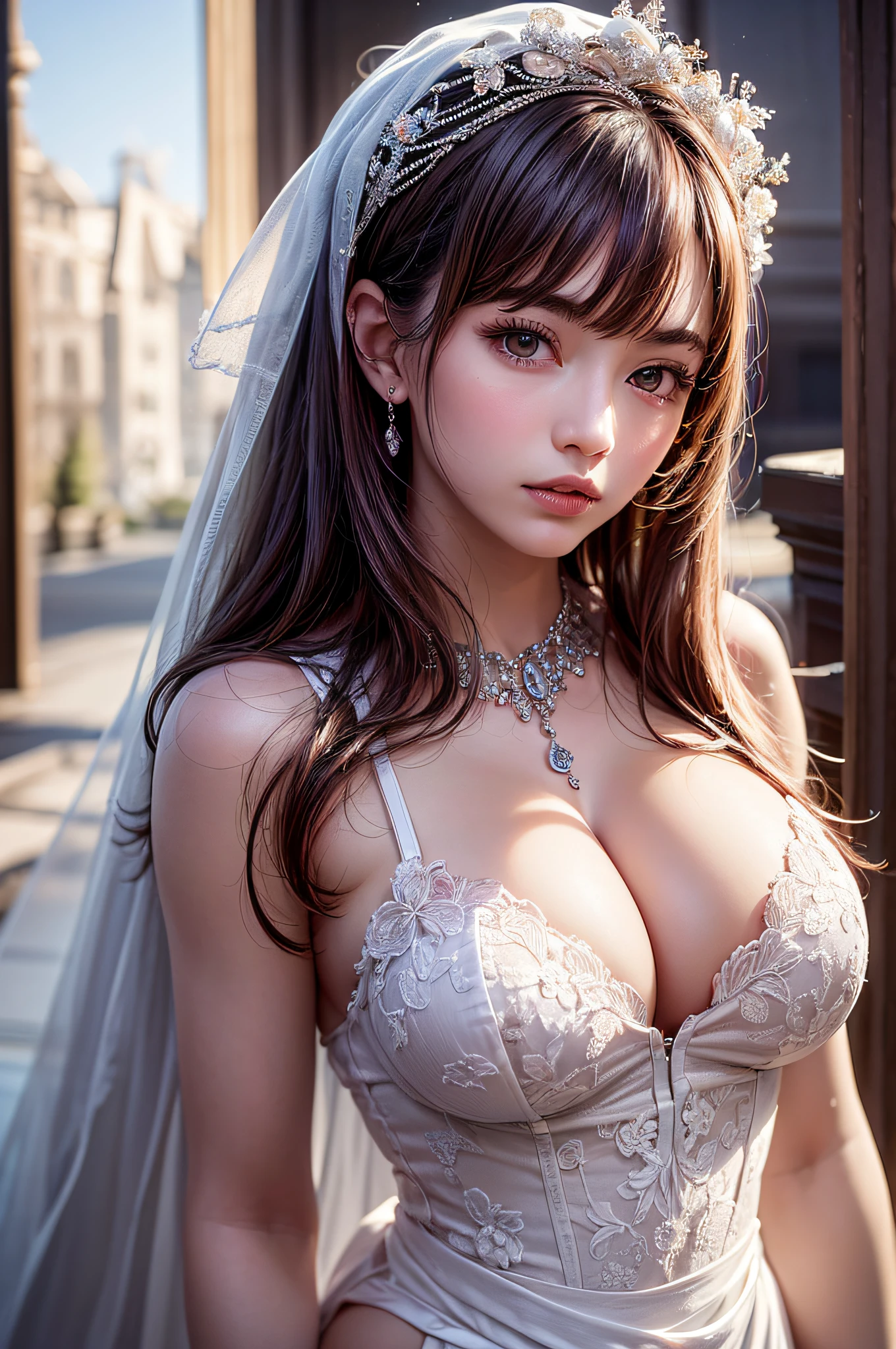 1 Beautiful girl, Beautiful girl of the highest grade, Realistic, extremely detailed CG unified 8k wallpaper, ighly detailed, High-definition raw color photos, professional photograpy, Realistic portrait, Cinematic Light, upper body, Beautiful detailed, (Naked:1.5), Beautiful big breasts, breasts details, (cleavage of the breast:1.2), Bare shoulders, (beautiful wedding dress with a wide open chest:1.4), No bra, No panties, (cameltoe details), Outdoors, Beautiful Landscape Forest, castle, stare, (Best Quality:1.4), super detail, high quality, masterpiece,