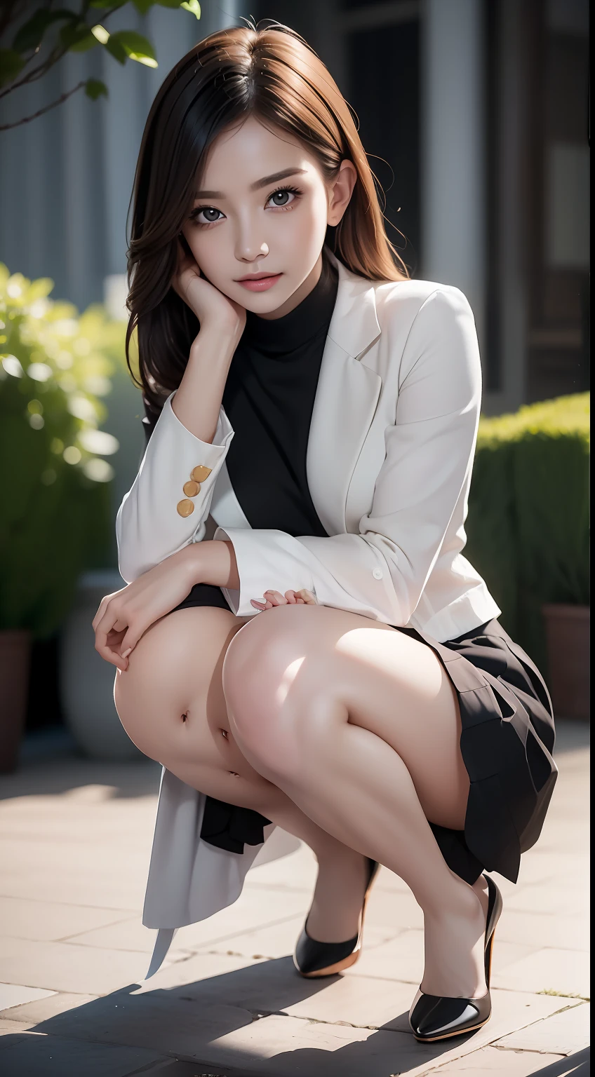 (Masterpiece:1.2), (Best quality), (Full body like:1.3) ,(Ultra detailed), (8K, Intricate), (Lens 135mm,F1.8), (Photorealistic)(Black background:1.3), Portrait photography,(dynamicposes),Side lighting,Edges are lit,Best shadow,Area light source,Perfect anatomy,Perfect face shape,Perfect for women,First-class female body,Refines skin texture,Fine cloth pattern,Meticulous beauty,Delicate and delicate skin,highlydetailed skin,paleskin,Delicate hair,glistning skin,top Quority, realisticlying, 8K, k hd, 1 rapariga, Female pervert, (Full body like:1.3), schools,痴女, blazer jacket, 校服,Visible nipple, with no underpants, The skirt is boldly pulled up, (legs are open), bend the knees and open the legs, The hairstyle is slightly shorter, Open your legs by grasping your knees with your hands, Buttoned shirt flutters