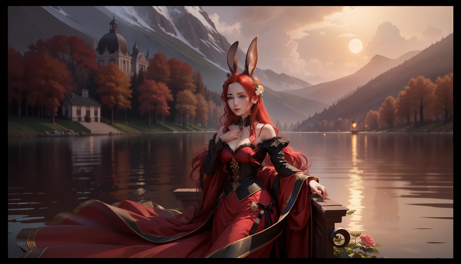 The background is the lake water,There are also flowers in the background,Noble rabbit demon aristocratic lady,Red hair,Luxurious clothes