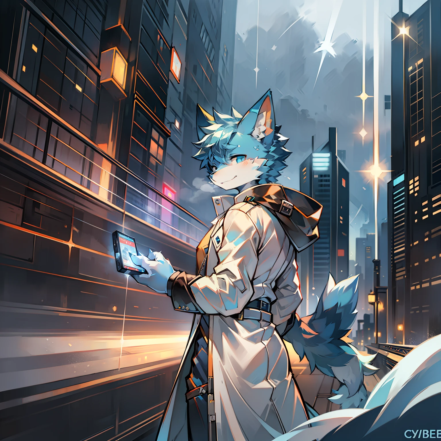 Cybermetropolis,Thunder,drifting snow,Male blue cat,Electronic left eye,Chinese trench coat