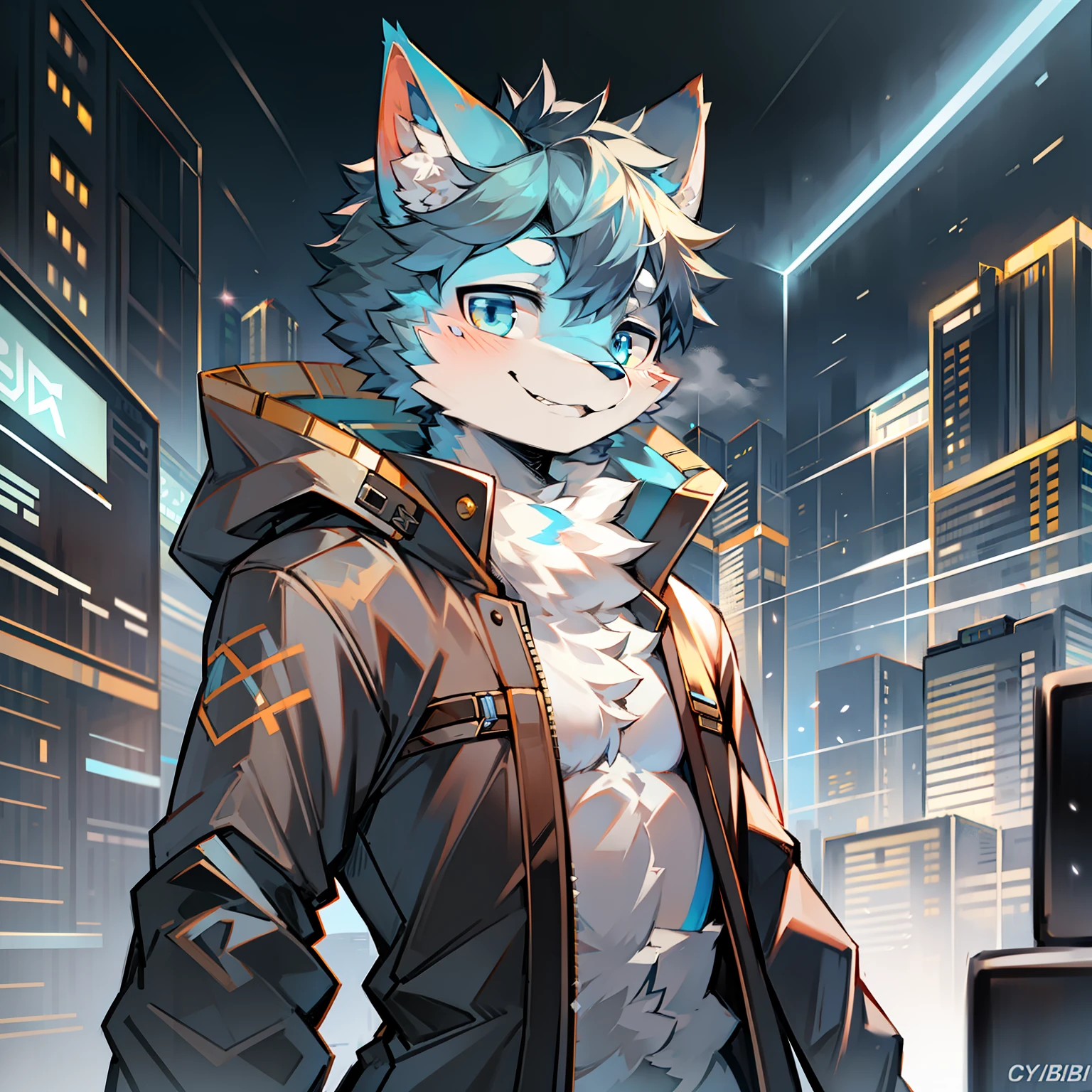 Cybermetropolis,Thunder,drifting snow,Male blue cat,Electronic left eye,Chinese trench coat