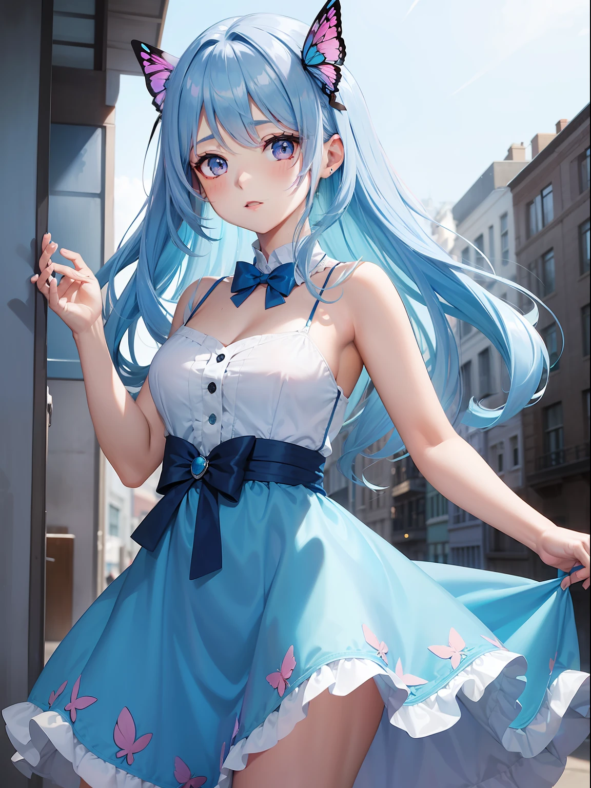 a women, blue butterfly, blue hair, pink eyes, blue dress