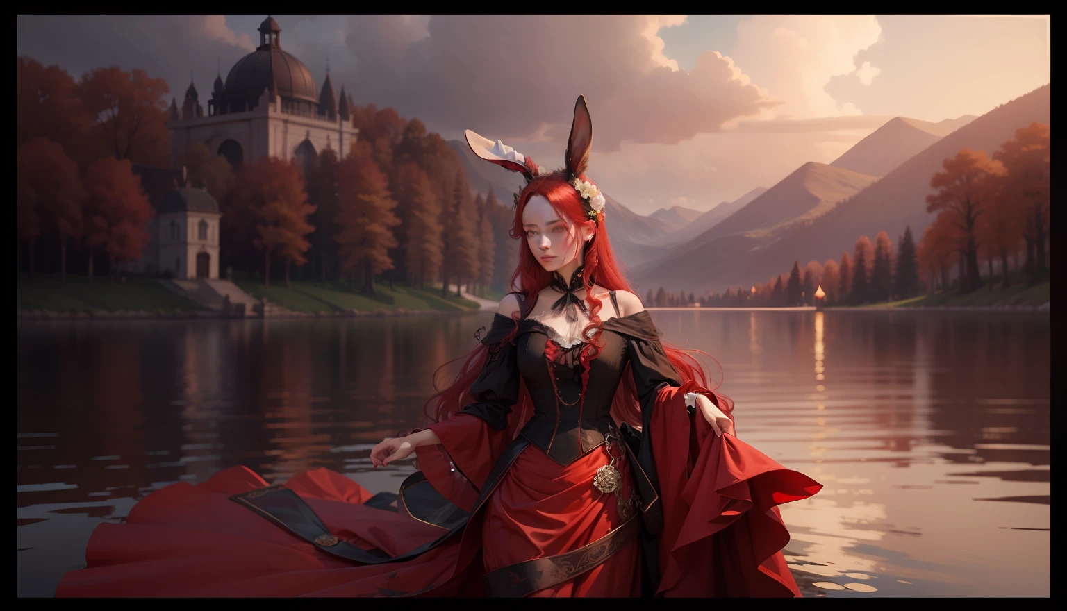 The background is the lake water,There are also flowers in the background,Noble rabbit demon aristocratic lady,Red hair,Luxurious clothes