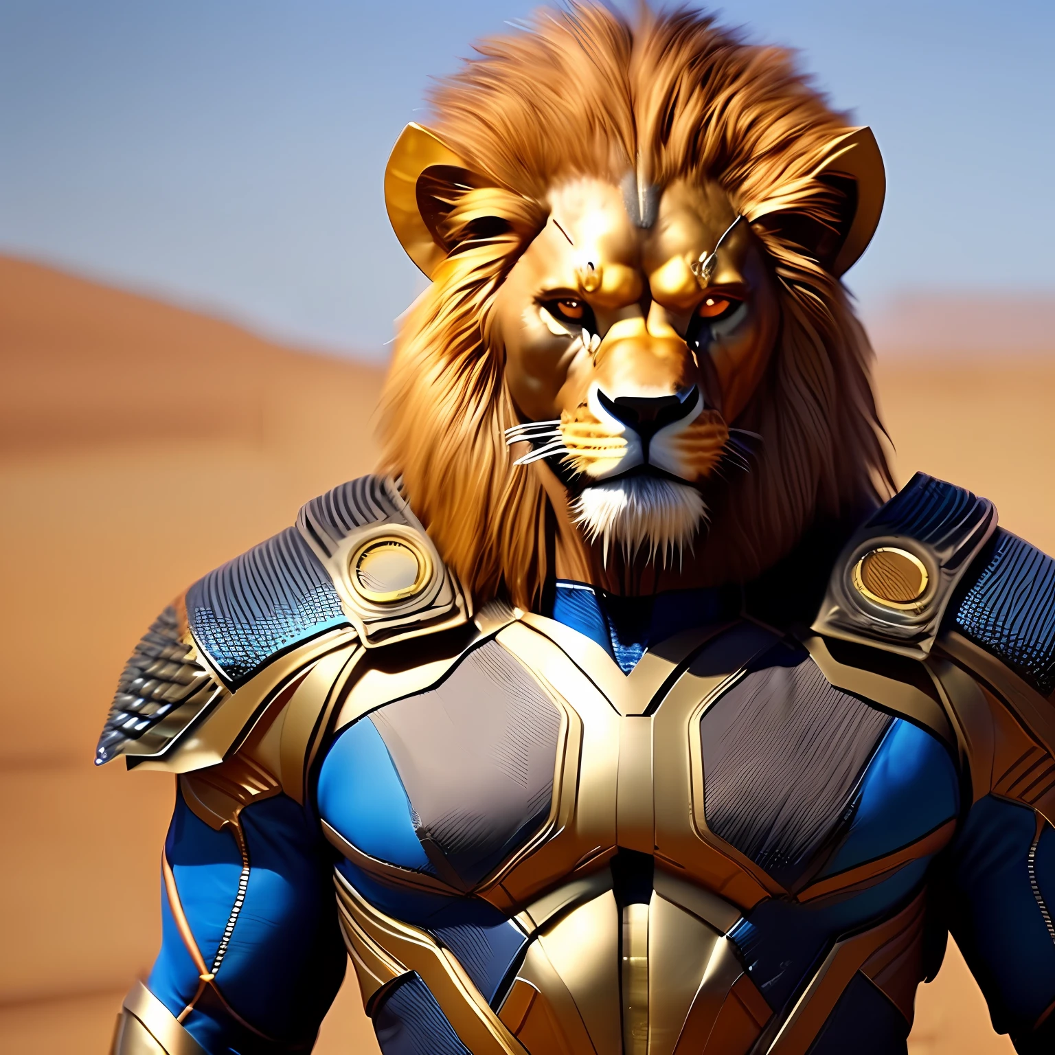 Embora muito bonito, A man's whole body is realistic,with robust and futuristic costumes very detailed and elaborate, Superhero Lion Man action, Amazing Movie Art Highly Detailed Face Detailed Costume Detailed CGI Resolution 8k