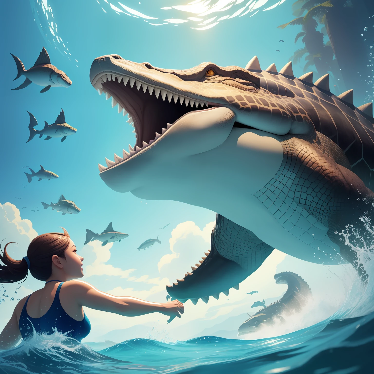 uma pintura digital, Sarcosuchus was a prehistoric reptile that resembled a giant crocodile. Ele tinha um corpo alongado, com cerca de 12 metros de comprimento, e um grande, Wide head, com dentes afiados e curvos. His skin was covered in bony scales and he had short paws, mas poderosas, adapted for swimming and moving both in the water and on dry land, Trends in CGISOCIETY, Motion Graphics, Rossdraws Global Lighting, CGSetnação