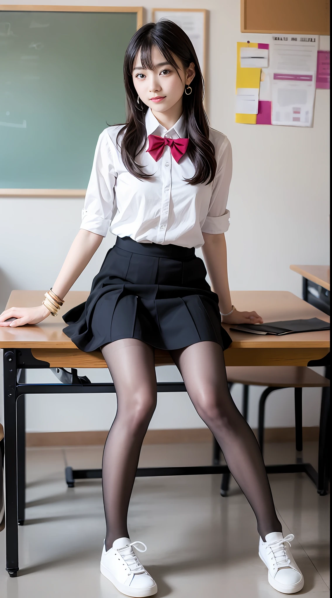 (Pure and cute Chinese high school student 1.5),(true to life,Photorealistic 1.5),((best qualtiy, 8K, tmasterpiece:1.3)),SLR camera (二重まぶた,largeeyes:1.3),(smile1.5),(Full body photo 1.5)(One person 1.5)Clear focus 1.2, Perfect body beauty:1.4 , Delicate skin1.1,(Short silver-white hair 1.6),(Delicate makeup1.4),(Pure desire 1.3)(Black pantyhose 1.5)(The leg length is one meter two,1.5),Hair is slightly curled,White shirt,Bow knot,pleatedskirt,Slender legs,canvas shoe,With earrings,Wristband jade bracelet,School Classroom