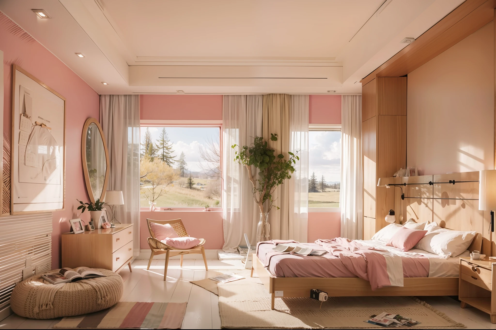 Bedroom sketch，brightly，warm，Simple，rural style，Pink walls，best qualtiy，Works of masters，8K分辨率，super-fine，Detailed pubic hair，Accurate，dynamic viewing angle