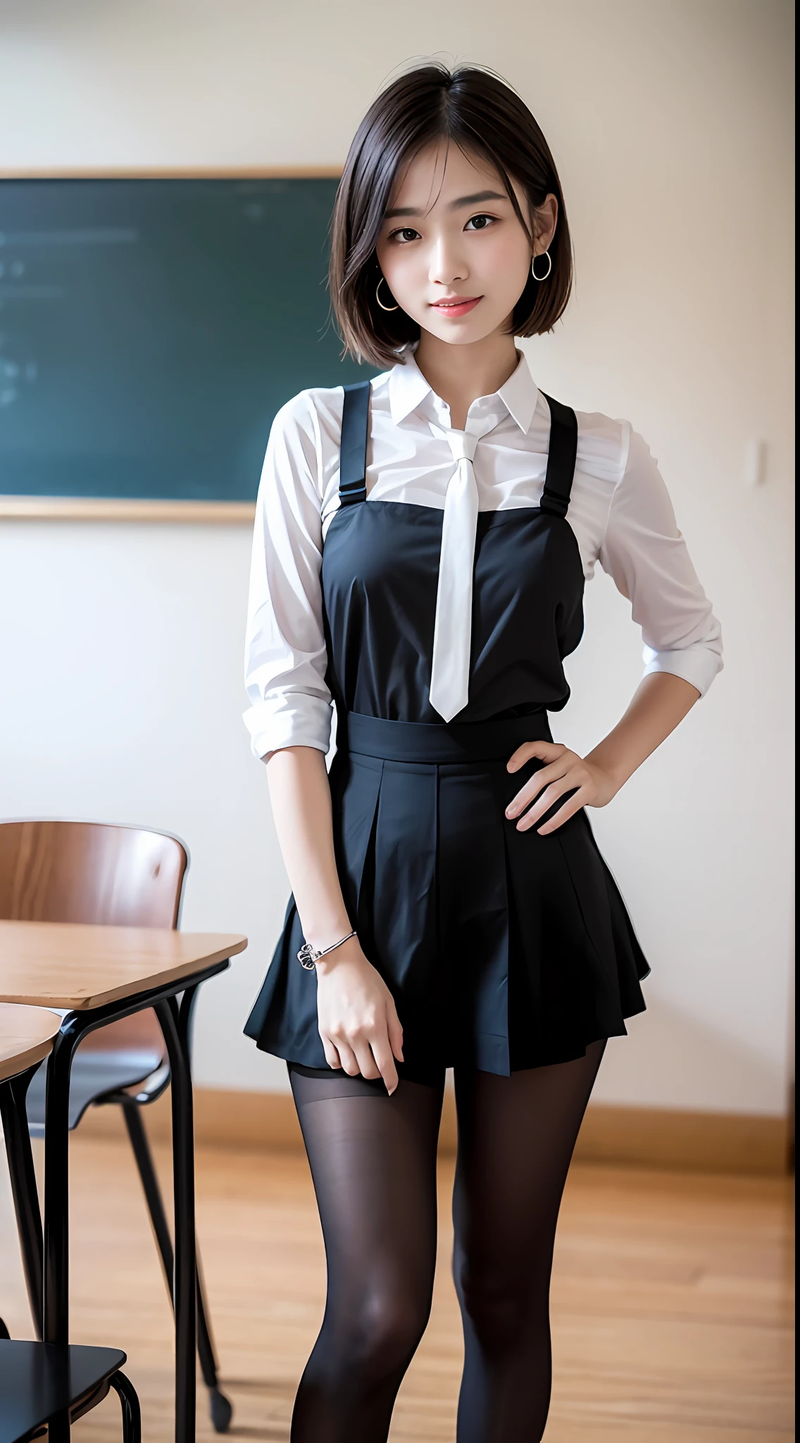 (Pure and cute Chinese high school student 1.5),(true to life,Photorealistic 1.5),((best qualtiy, 8K, tmasterpiece:1.3)),SLR camera (二重まぶた,largeeyes:1.3),(smile1.5),(Full body photo 1.5)(One person 1.5)Clear focus 1.2, Perfect body beauty:1.4 , Delicate skin1.1,(Short brown hair 1.6),(Delicate makeup1.4),(Pure desire 1.3)(Black pantyhose 1.5)(The leg length is one meter two,1.5),White shirt,Bow knot,pleatedskirt,Slender legs,canvas shoe,With earrings,Wristband jade bracelet,School Classroom