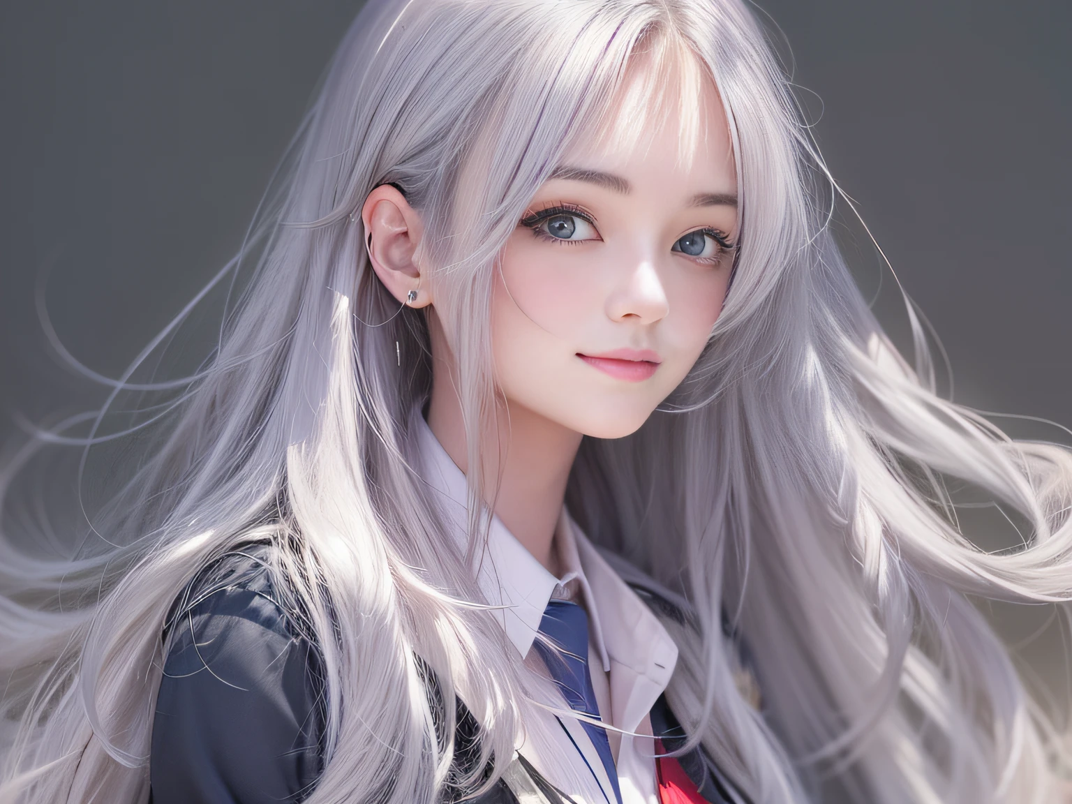 An 18-year-old girl with long silver hair and a school uniform,light smile,Upper body display,On the way to campus,grand master,tmasterpiece,4k,Ultra-high image quality