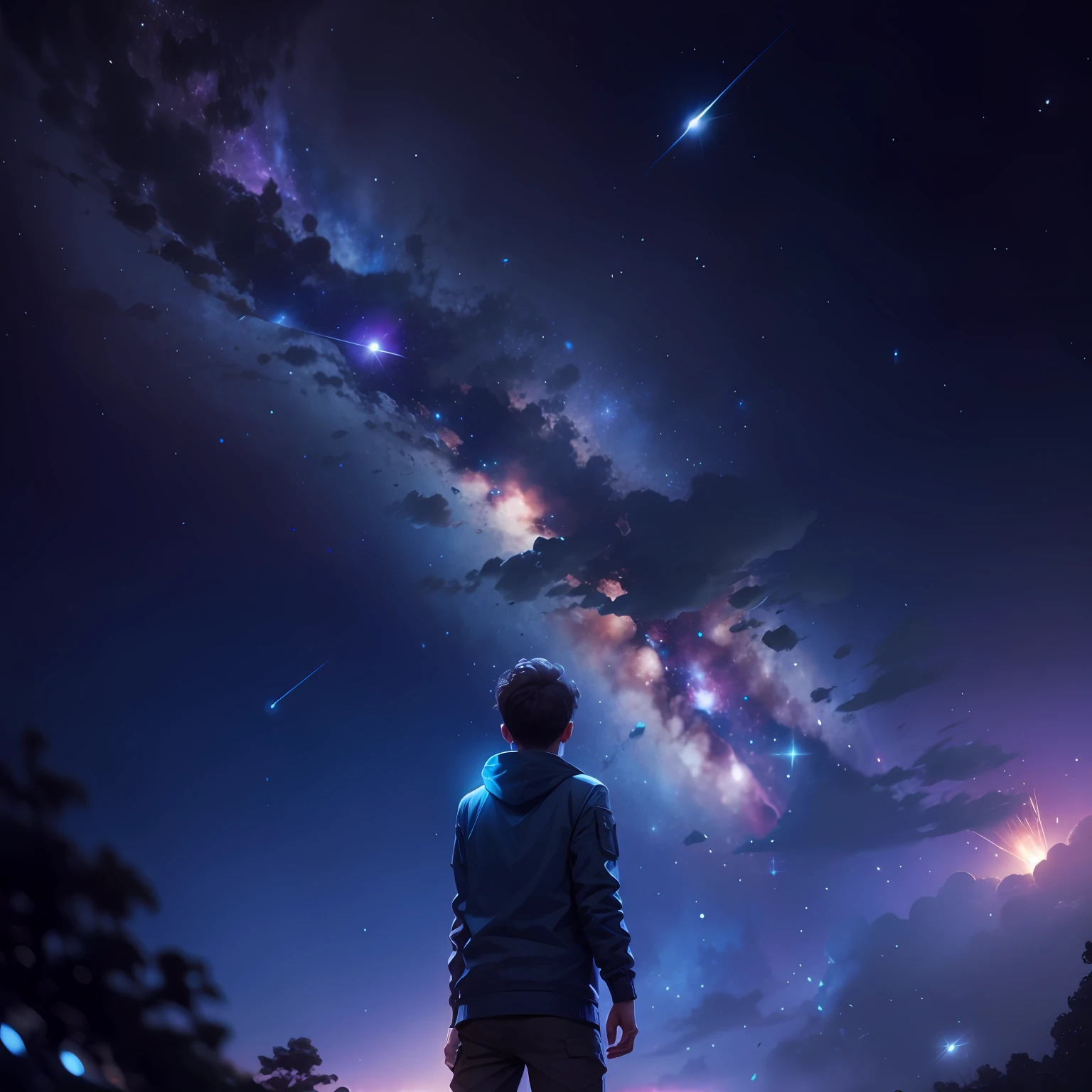 The boy pointed his left hand to the sky,meteors
