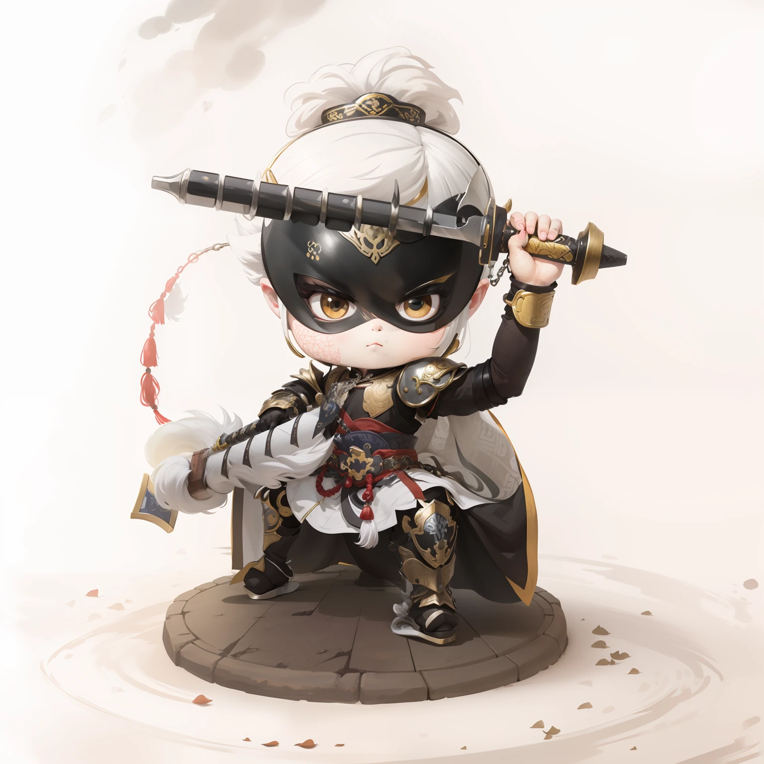 male people,Male characters,tchibi,Bad,Arms,Dual weapons,Ancient Chinese weapons,The handle has a delicate pattern,Shoulder blades,metal breastplate,chainmail,Animal pattern cuirass,chest plate,Bracers,Flowing hem,China-style,Chinese-style clothing,Chinese shoes,There are beautiful patterns on the weapon grips,Refinement,Fine painting,Refinement,infinite details,high definition detail,Patterned,Pattern,Blank background,Bright colors,Metal edging