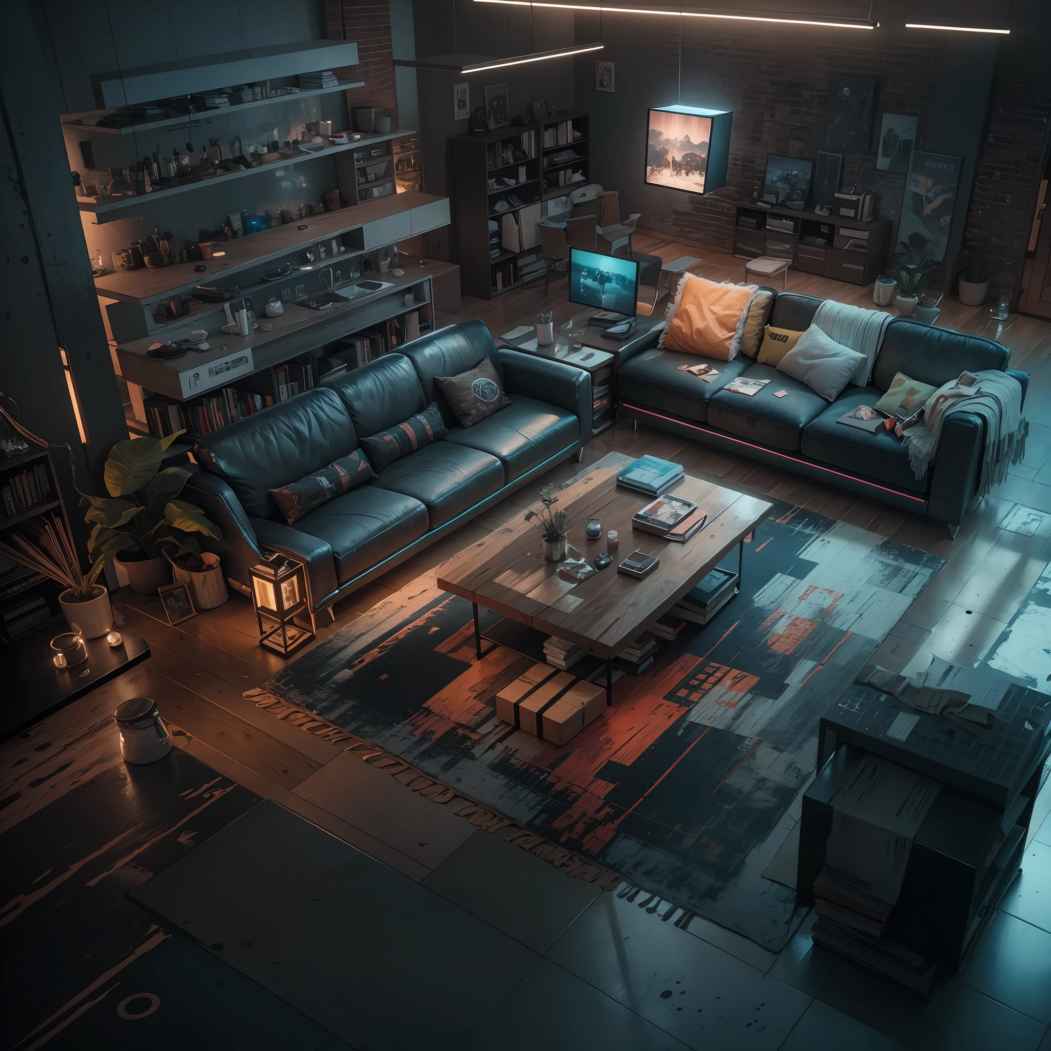 modern single living room with a couch and a table, modern, cyberpunk, ULTRAHD