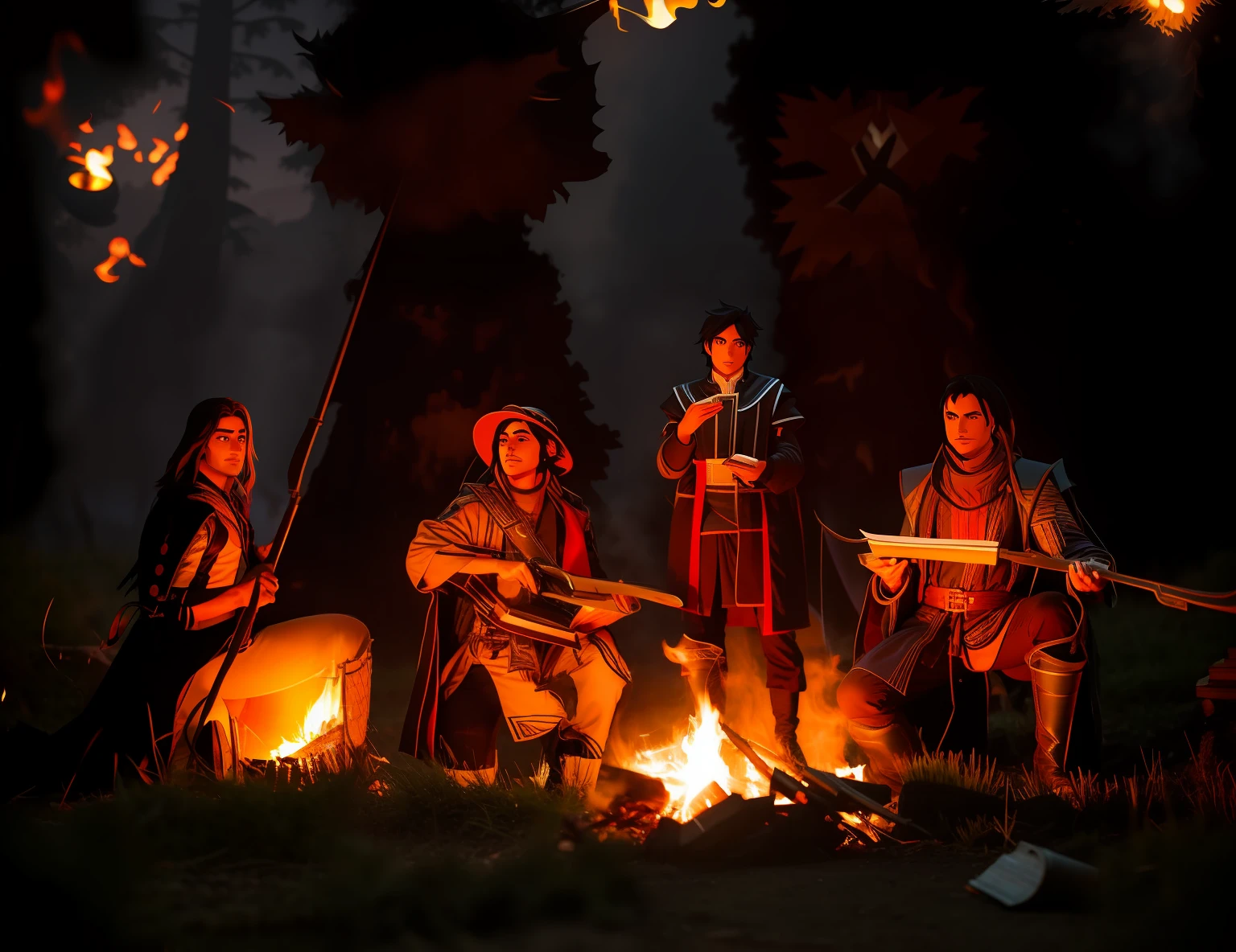 wise black-haired male magician with an RPG book in hand, standing in front of the campfire
