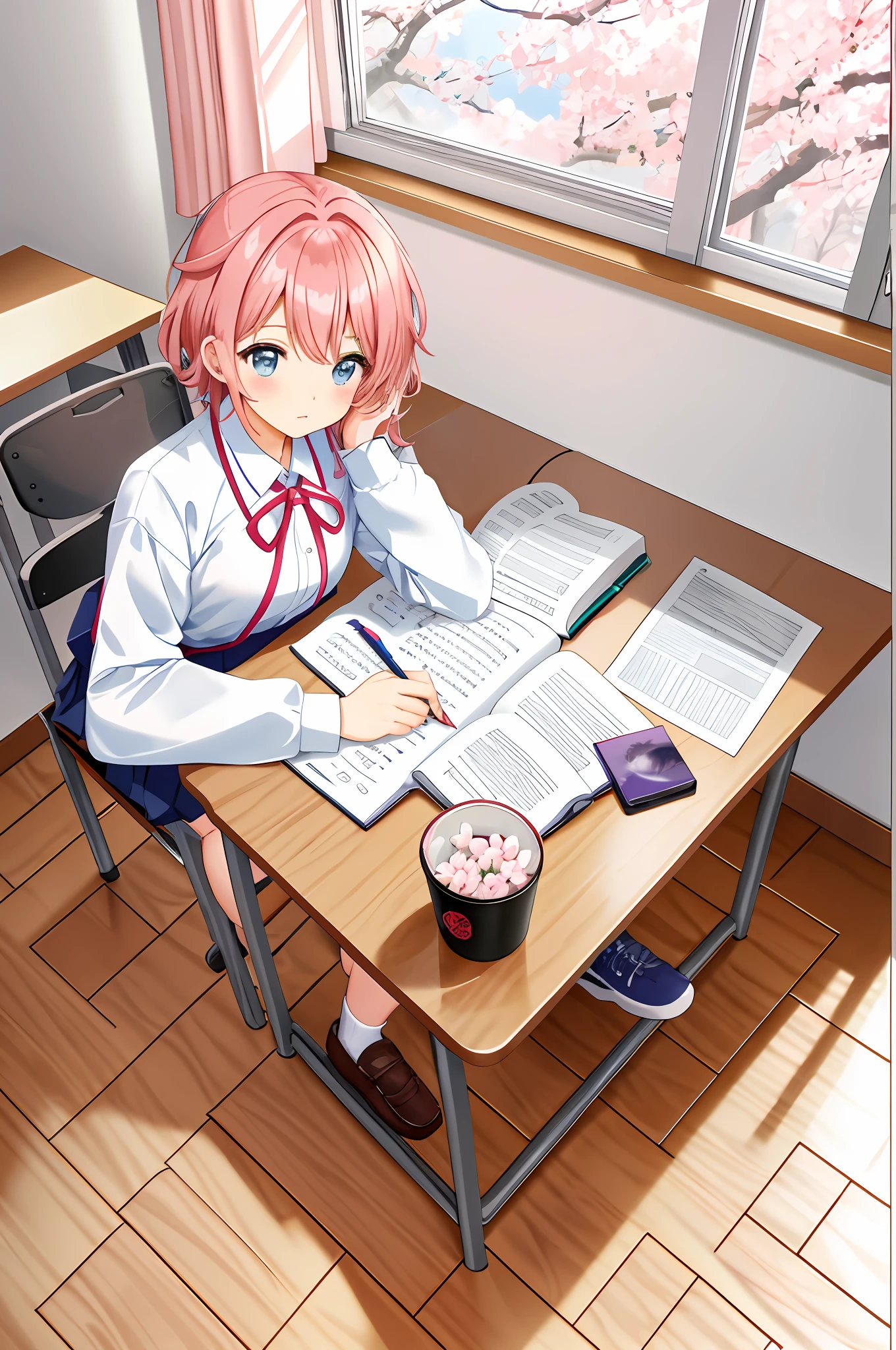 Anime girl sitting at desk,holding a pen, clean anime outlines, linear art, clean lineart, lineart behance hd, author:Middle Bokuhn, clean coloring book page, up of young anime girl, perfect lineart, Sit in the classroom, comic drawing, was sitting in class alone, looking to the camera,pencil case,pen,ruler,book,校服,Cherry blossoms outside the window。