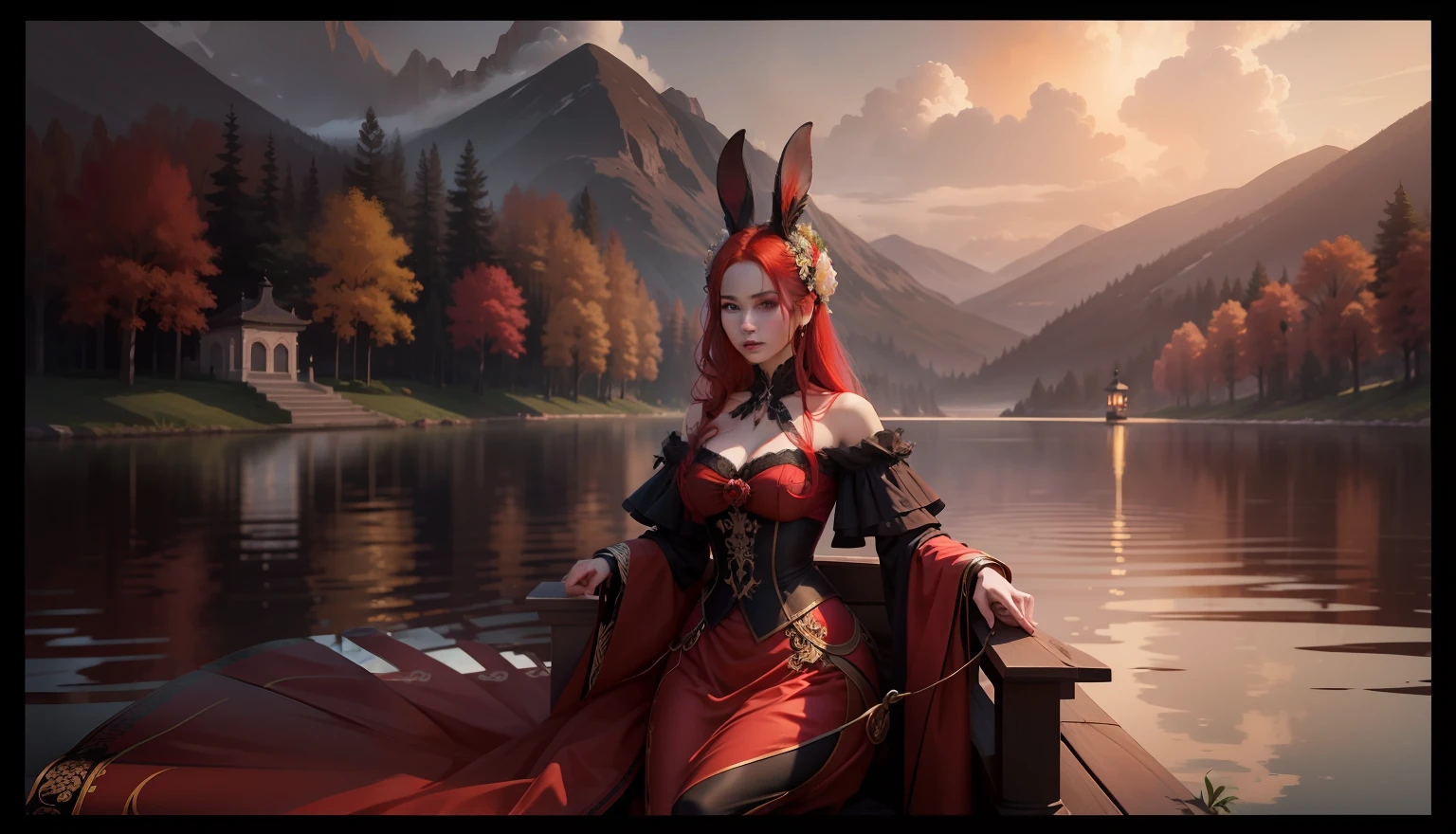 The background is the lake water，There are also flowers in the background，Noble rabbit demon aristocratic lady，Red hair，Luxurious clothes，The face has the look of an oriental beauty