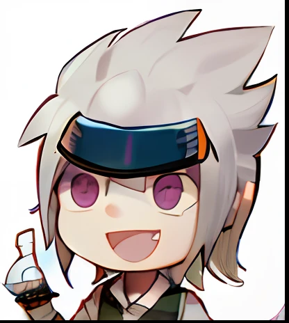 A happy guy with a knife and a blue-faced cartoon, fubuki, nagito komaeda, kakashi hatake, With a happy expression, Happy emoji, Otaku Gangasta, He looked happy, Kaihuai, Kakashi, Q Moe's blue eyes, tchibi, he has dark grey hairs, very happily