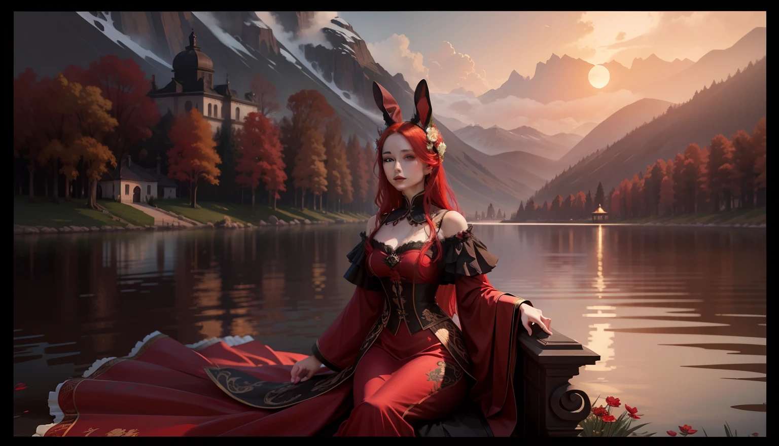 The background is the lake water,There are also flowers in the background,Noble rabbit demon aristocratic lady,Red hair,Luxurious clothes,The face has the look of an oriental beauty