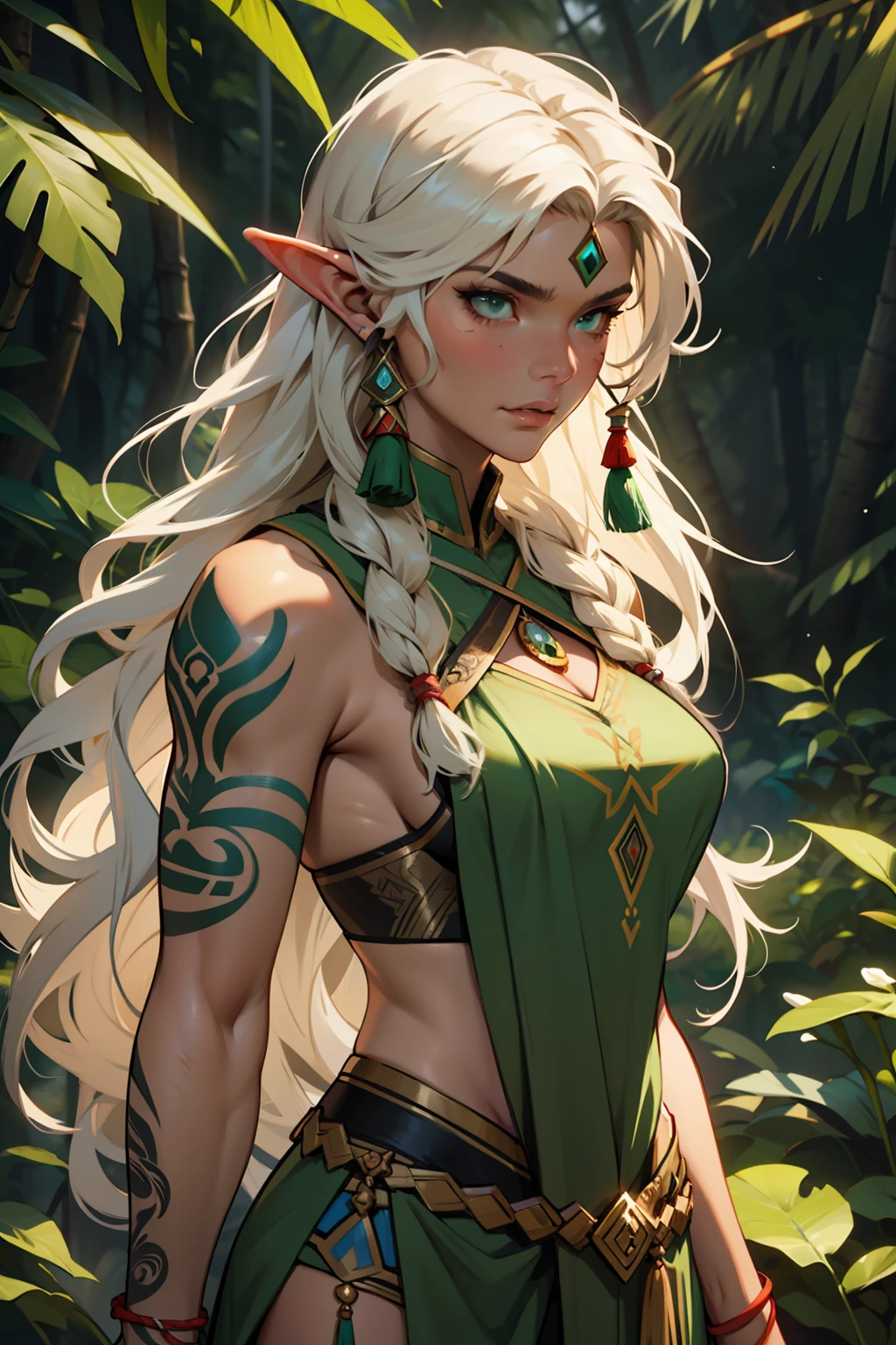 Masterpiece,Best quality,1 Elven female, Hot figure, green long hair,Big wavy bronzed skin,heroic look,archer, Beautiful and determined, Feminine,Strong,Indian tribal ranger costume, shaman,Tattooed with,Facial details, The face is delicate