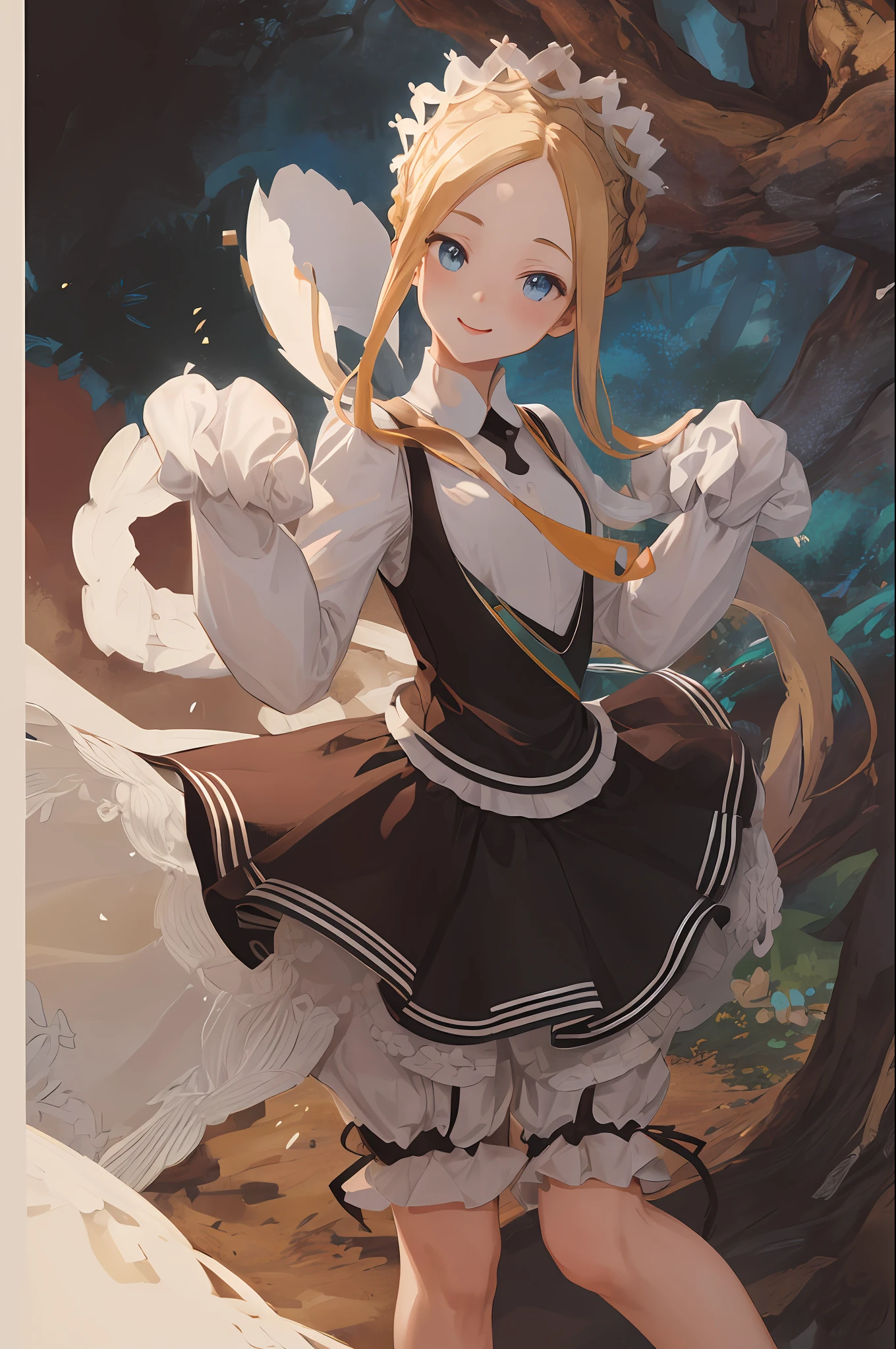 masterpiece, best quality, highres, anime, hmaw5, braid, maid headdress, maid, white shirt, bloomers, sleeves past wrists, posing, front, colorful, dynamic, forest background, elements, happy, expression, striking, modern, trendy, focus, fashion