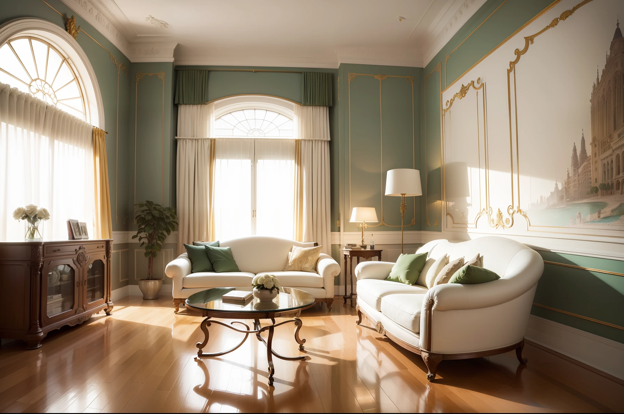 Living room in Barcelona, modernist, Art Nouveau, Gaudy inspired decoration and architecture. Large window with creamy white curtains. Furniture with curvy lines. Palette of white, beige, russet, green, lila, maroon, taupe.