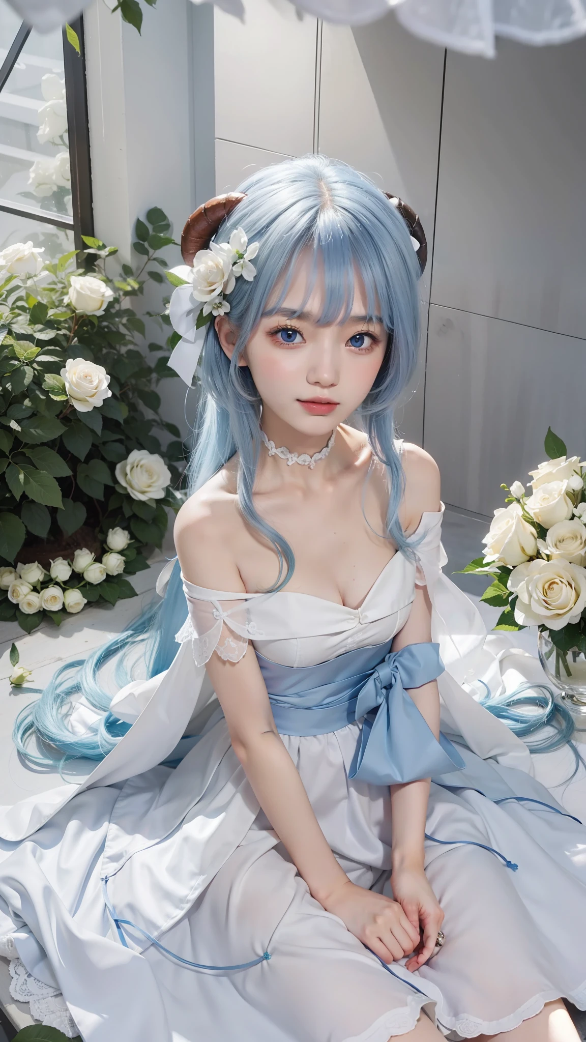 Best quality at best,超高分辨率,(真实感:1.4),(beuaty girl:1.4),Detailed facial details,Beautiful detailed eyes,light blue hair,Light purple eyes,Slim,Red horns,Wearing a white and blue wedding dress,haunting smile,Behind it is a white rose,Very meticulous clothes,Young and cute Korean face,Sweet rain(the original god),plain face