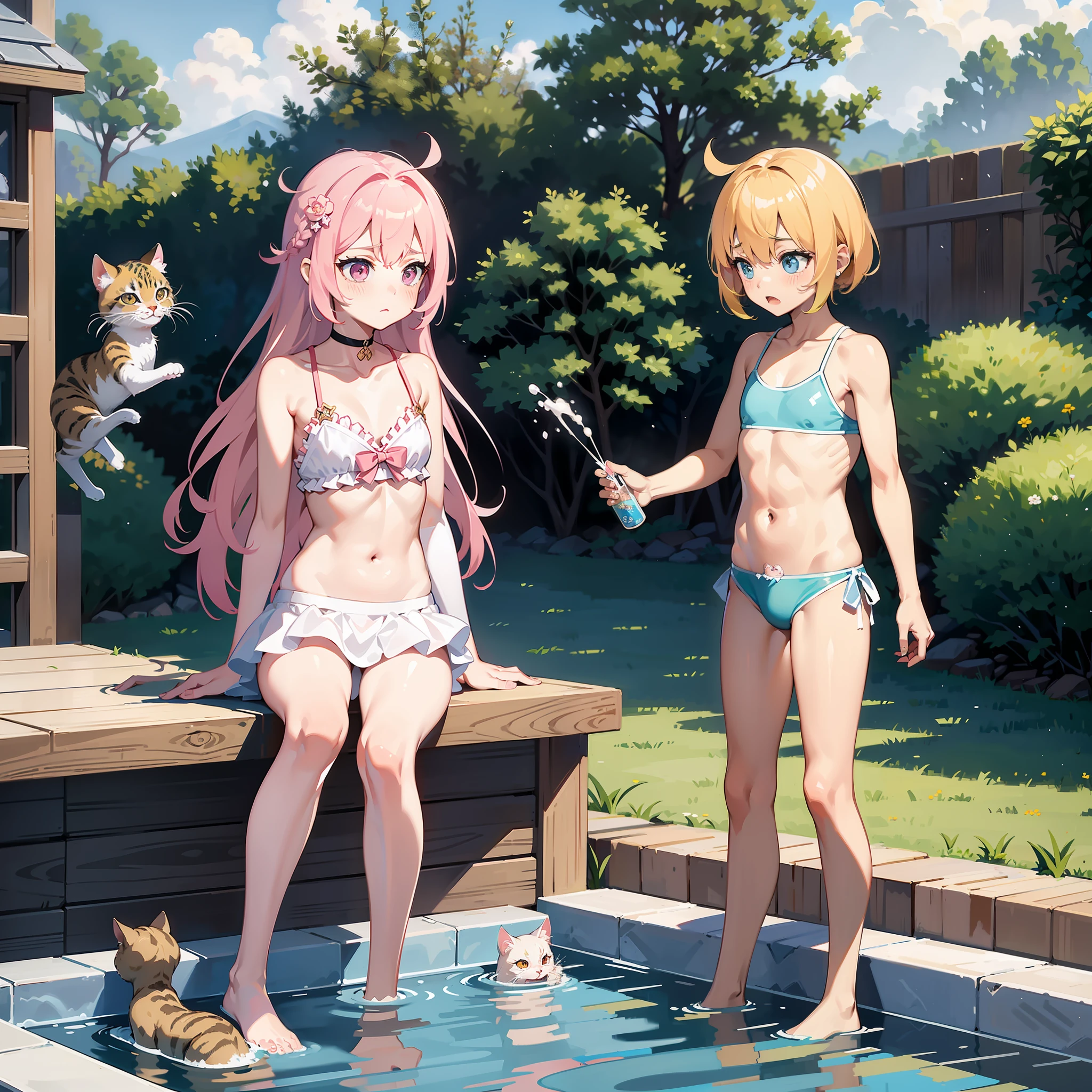 （Best picture quality：0.8），1 rapariga,pinkdoublehorsetailbraid，比基尼，（pool）,Petite，Poor milk，a flat chest，shocked expression，stooped，covering his stomach,(Ladyboy)，Kittens