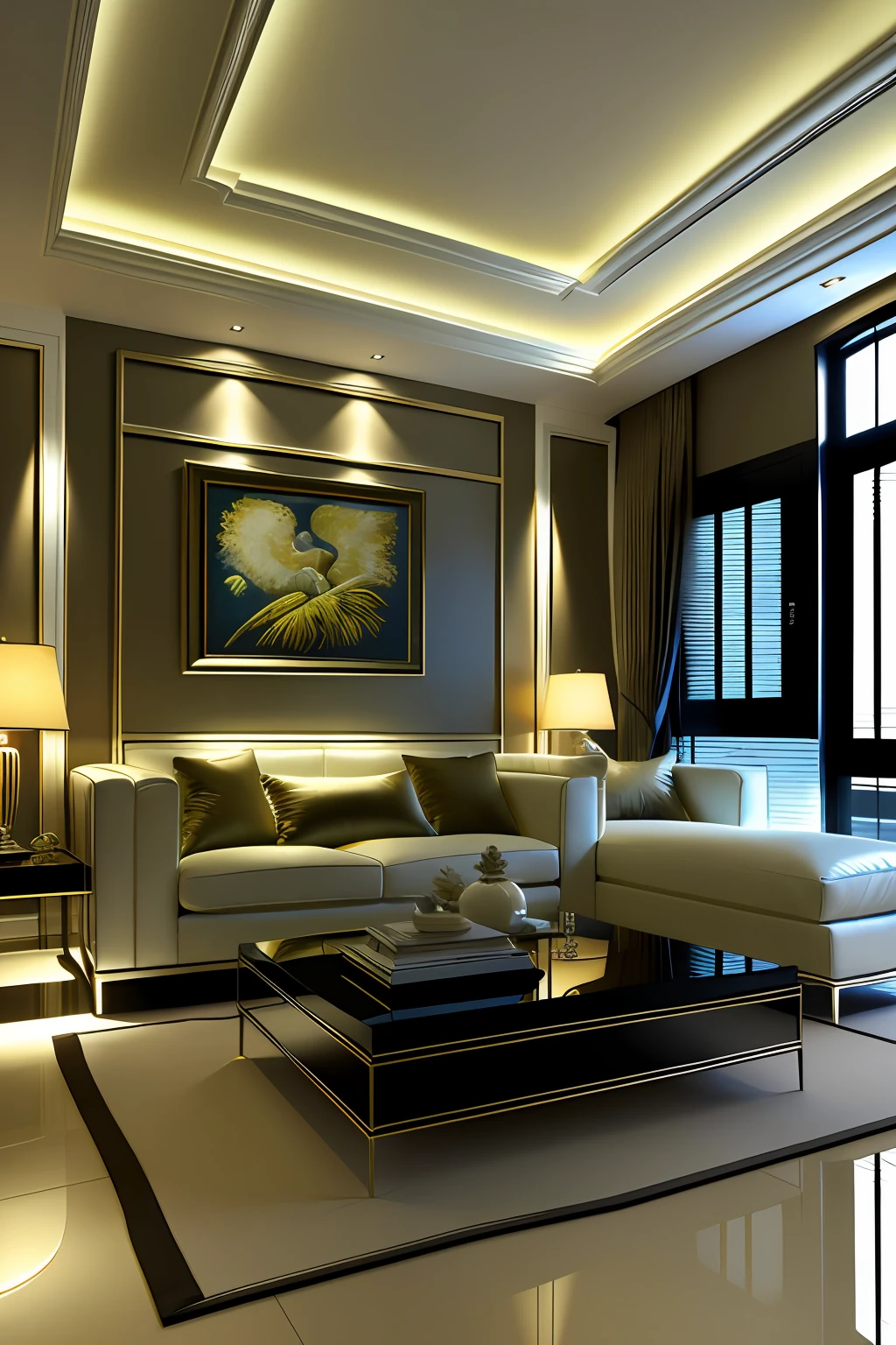 Ultra-modern and luxurious living room,Rectangular glass coffee table,Off-white leather sofa,(One of the walls has a huge painting by Van Gogh),gentlesoftlighting,Moonlight shone through the windows,A lazy kitten,(Very detailed description),(tmasterpiece),(Best picture quality),(Very detailed and uniform picture),(8k wallpaper),(Advanced designer level),(Ray traching),(light and shadow effect),(Photography Award),Obvious image hierarchy,realisticlying,Ray