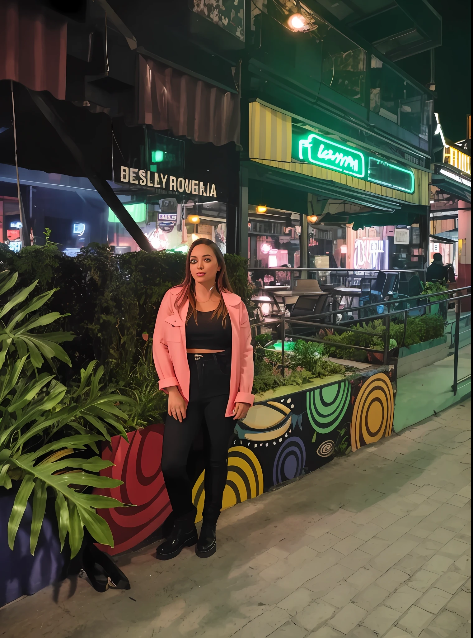 There's a woman in front of a planter on the sidewalk, standing in a city center, at night with neon lights, non blurry, standing in a restaurant, photo taken at night, at night, restaurante em segundo plano, no meio da cidade, by Gina Pellón, com luzes neon, neon signs in background, neon lights in background