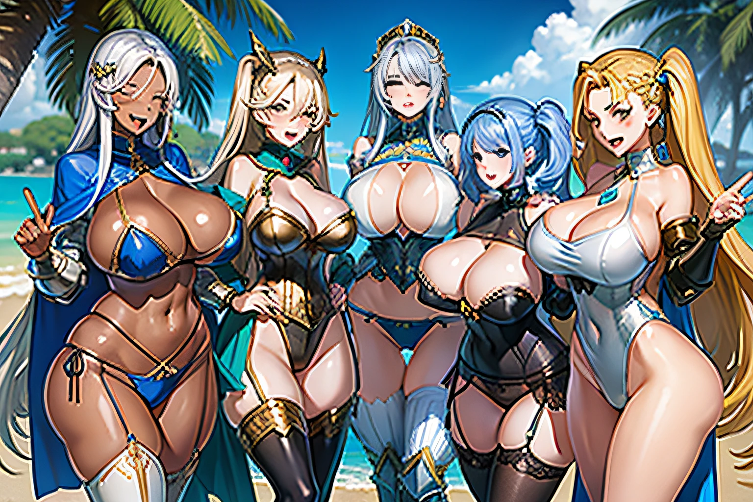 (masterpiece), maximum quality, (fantasy:1.1), (5 girls, group shot:1.4), (slim body:1.1), (huge tits:1.5), (dark skin:1.1), (muscles:1.1), blonde hair, silver hair, twin tails, braid, forehead, (open mouth, happy smile:1.1), (wink:1.2), peace sign, (jewelry, knight armor, intricate leotard with sleeves, leotard armor, bikini armor:1.2), garter belt, cowboy shot, medieval towns, outdoor,