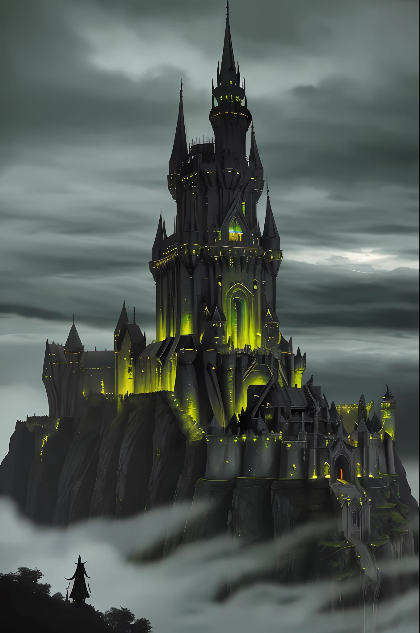 aerial view, colossal Satan black castle floating in the clouds with many towers and spires,  minas tirith, highly detailed, high resolution, dramatic lighting, detailed acrylic, intricate complexity, soft natural volumetric cinematic perfect light, oil painting, dark style, dark night with evil souls, vampires, demons, green lights