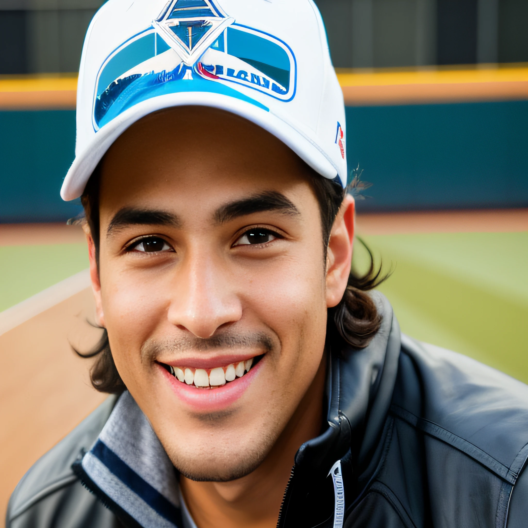 "Smiling man in a baseball cap and jacket on a basketball court, Portrait of Danny Gonzalez, ariel perez, Alex Malveda, inspired by Jason Felix, Brian Pulido, Rafael, Cristiano Orrillo, Profile picture, handsome guy, Rick Dai, andrew gonzalez, Alex Flores, Alex Miranda, big smile, Avan Jogia angel, Joel Torres."