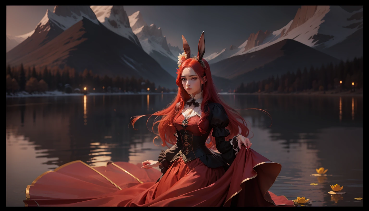 The background is the lake water,There are also flowers in the background,Noble rabbit demon aristocratic lady,Red hair,Luxurious clothes