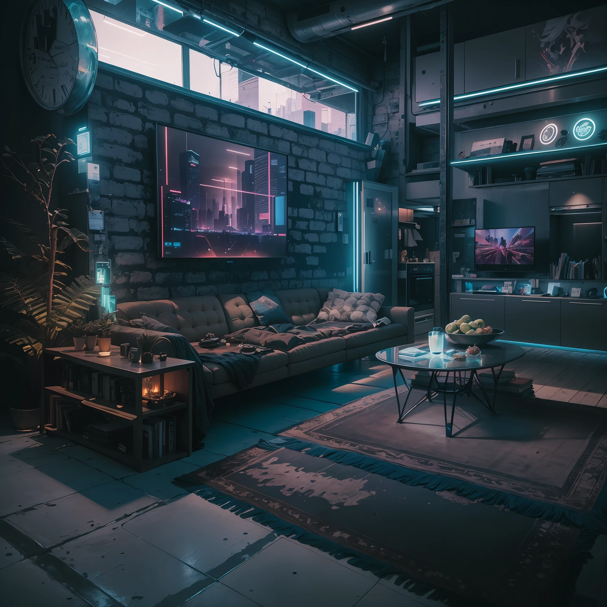 macro shot, modern single living room with a couch and a table, modern, cyberpunk, ULTRAHD